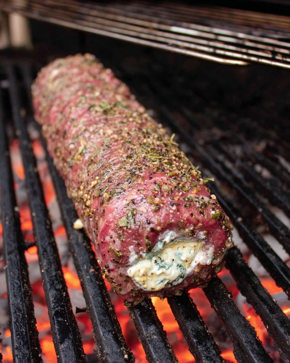 A long, thick roll of raw meat is shown on a hot grill with black grill bars and visible red-orange glowing coals beneath. The outer layer of the meat is speckled with crushed black pepper and herbs, giving it a textured look of brown and green spots on a pinkish-red surface. At one end of the meat roll, a white creamy filling with small green bits is visible, slightly oozing out. The background is out of focus but shows parts of the grill setup. Photo taken with an iphone --ar 4:5 --v 7