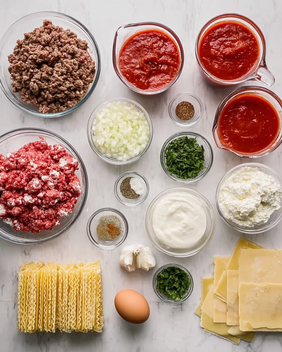 The image shows a white marbled surface with various clear glass bowls spread out, containing ingredients for a dish. There are two bowls of ground meat, one darker and more solid, the other lighter and looser, positioned near the top left. Next to them are two glass measuring cups filled with different tomato sauces, ranging from smooth to slightly chunky, placed to the top right. In the center, a small bowl of chopped white onions is flanked by smaller bowls holding white cream, chopped parsley, minced garlic, and multiple dried herbs and spices. A single brown egg rests near the middle bottom, beside a bowl of grated cheese, a bowl of creamy ricotta cheese, and a stack of pale yellow cheese slices on the right edge. In the bottom left corner, a small stack of uncooked lasagna noodles with textured edges lies flat. The neat arrangement and transparent bowls let you see the colors and textures clearly. Photo taken with an iphone --ar 4:5 --v 7