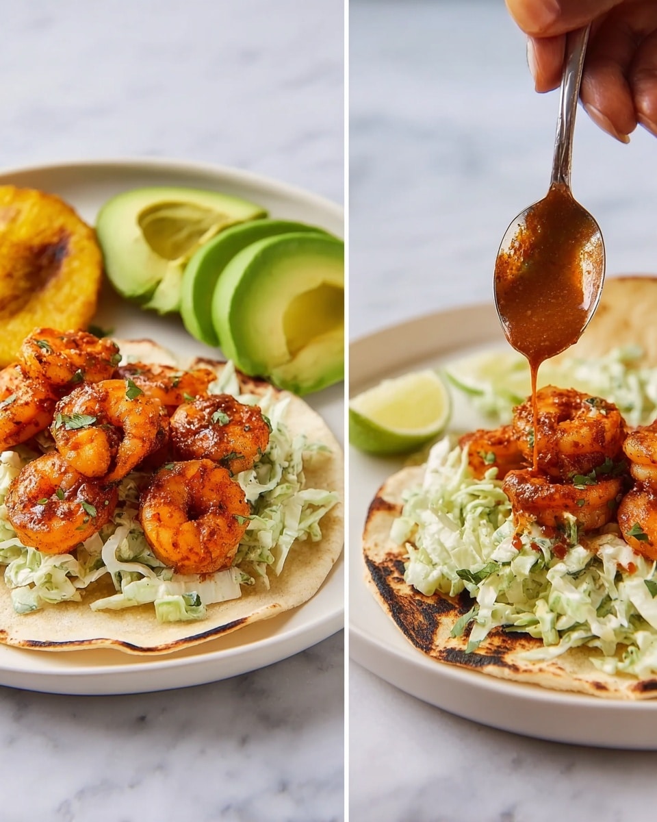 A white plate holds an open, slightly toasted taco shell as the base layer, showing light char marks with a soft, warm texture. On top of this is a creamy green cabbage slaw, light and slightly chunky in texture, covering the innermost part of the taco. Next, multiple cooked shrimp coated with a reddish-brown spicy sauce are placed on the slaw, giving the dish a bright and rich contrast. To the side, there are slices of ripe green avocado and a soft yellow fried plantain, adding smooth and dense textures to the taco. A silver spoon held by a woman's hand is dripping extra spicy sauce over the shrimp, adding a glossy and fresh finish. The background is a white marbled texture photo taken with an iphone --ar 4:5 --v 7