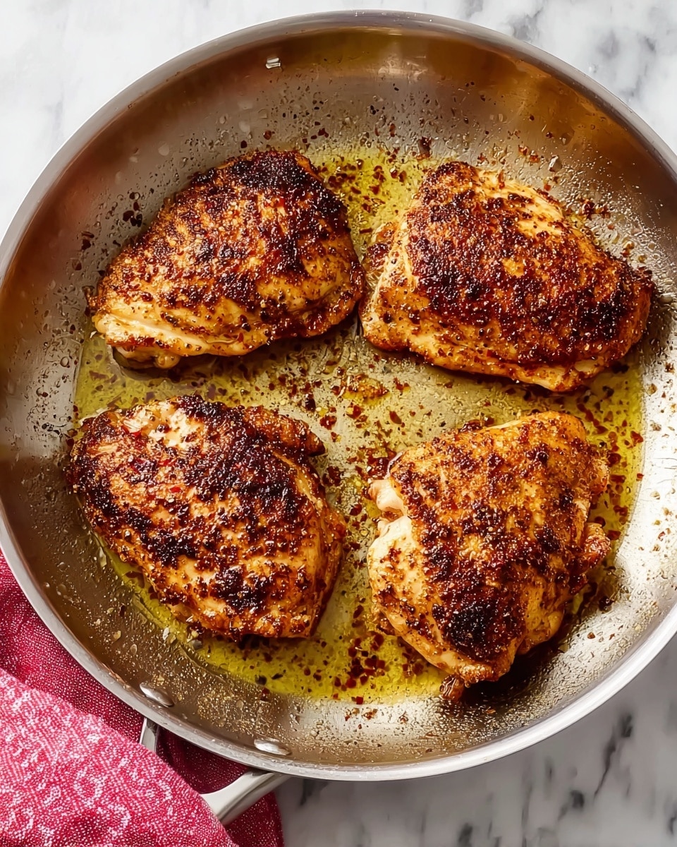 Four pieces of golden brown cooked chicken thighs with a textured, spiced crust sit evenly spaced in a large silver frying pan. The chicken has a slightly crispy and seasoned surface with reddish and dark brown specks, with some oil and spices visible around them in the pan. The pan rests on a white marbled surface with a red and white cloth peeking in from the bottom left corner. Photo taken with an iphone --ar 4:5 --v 7