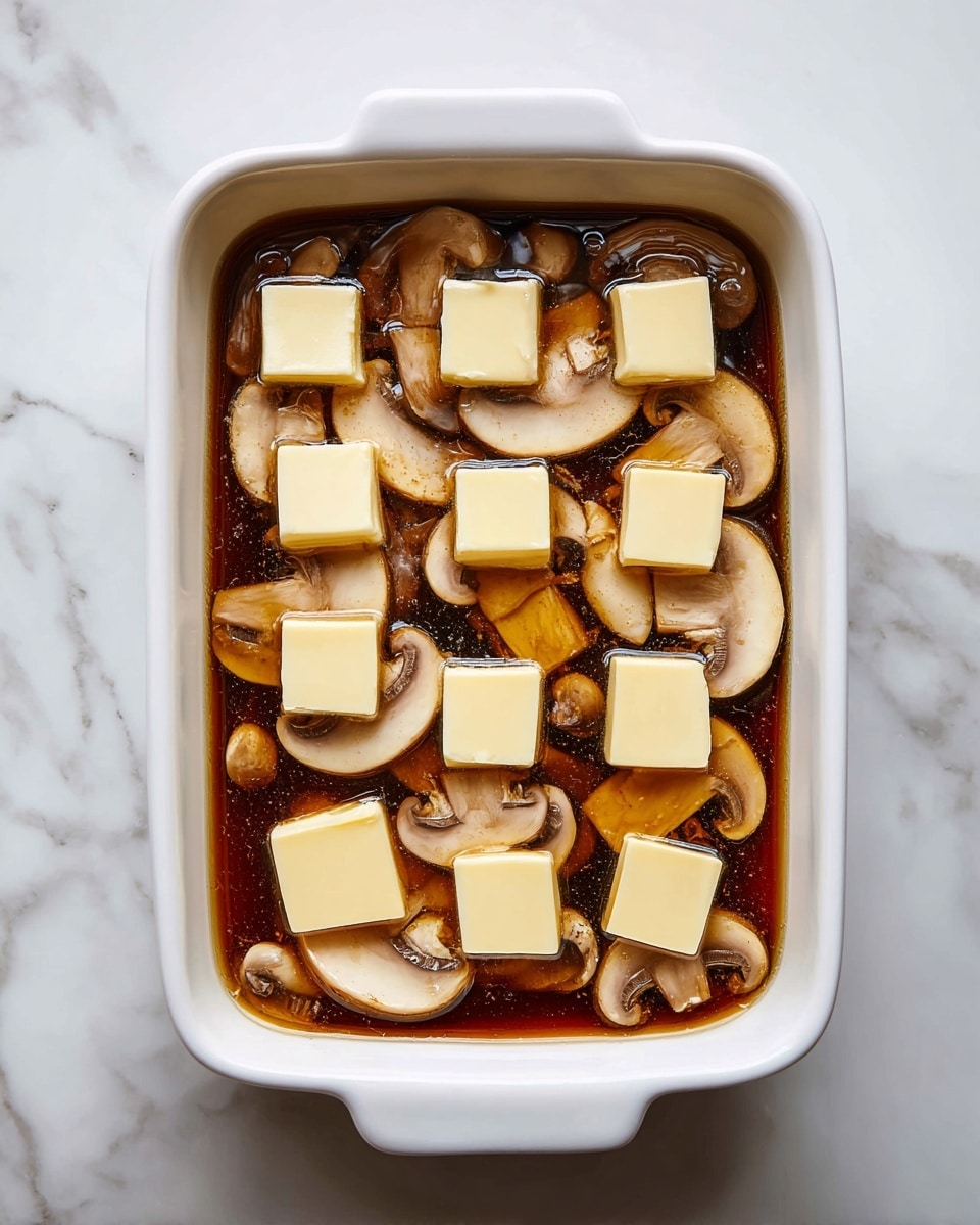 A white rectangular baking dish sits on a white marbled surface, filled with a dark brown liquid base. Floating on the liquid are many light brown mushroom slices, almost covering the surface. On top of the mushrooms, there are evenly spaced small square pieces of pale yellow butter, creating a pattern across the dish. Photo taken with an iphone --ar 4:5 --v 7
