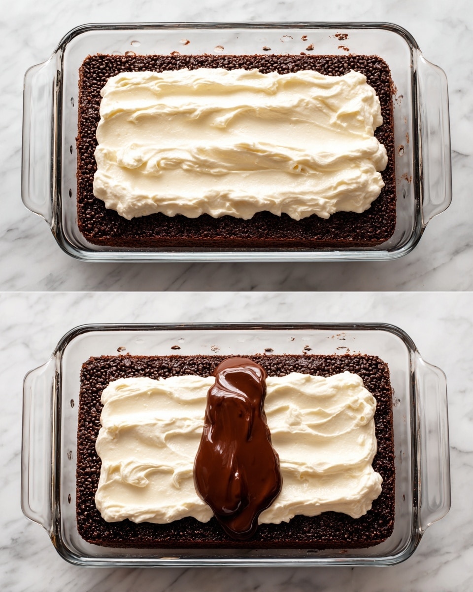 The first image shows a single rectangular layer of dark brown cake in a clear glass dish with many small holes poked evenly across the top. The second image shows the same cake layer but now topped with a white creamy layer spread evenly over the cake. On top of the white layer, in the center, there is a thick dark brown sauce or melted chocolate placed in a vertical dollop shape. The dish is placed on a white marbled surface. photo taken with an iphone --ar 4:5 --v 7