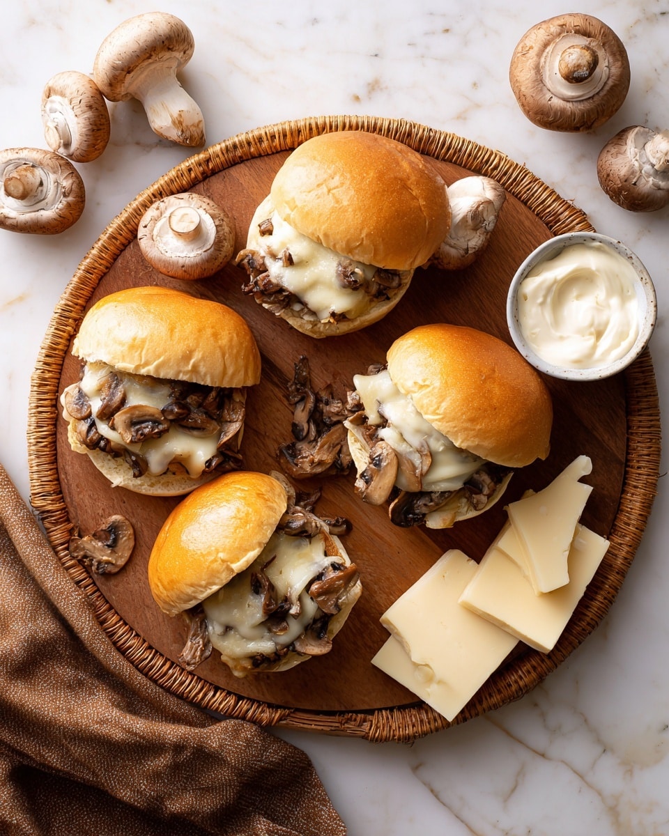 Four sandwiches are placed on a round wooden board with a woven edge on a white marbled surface. Each sandwich has a soft, smooth, golden-brown bun top. Beneath the buns, layers of melted white cheese hold cooked brown mushrooms on top of the sandwich base, with some mushrooms spilling out slightly. Around the board, there are whole mushrooms, a small white bowl of creamy white sauce, and a few slices of white cheese stacked near the bottom right corner. A brown cloth is placed near the lower left side. Photo taken with an iphone --ar 4:5 --v 7