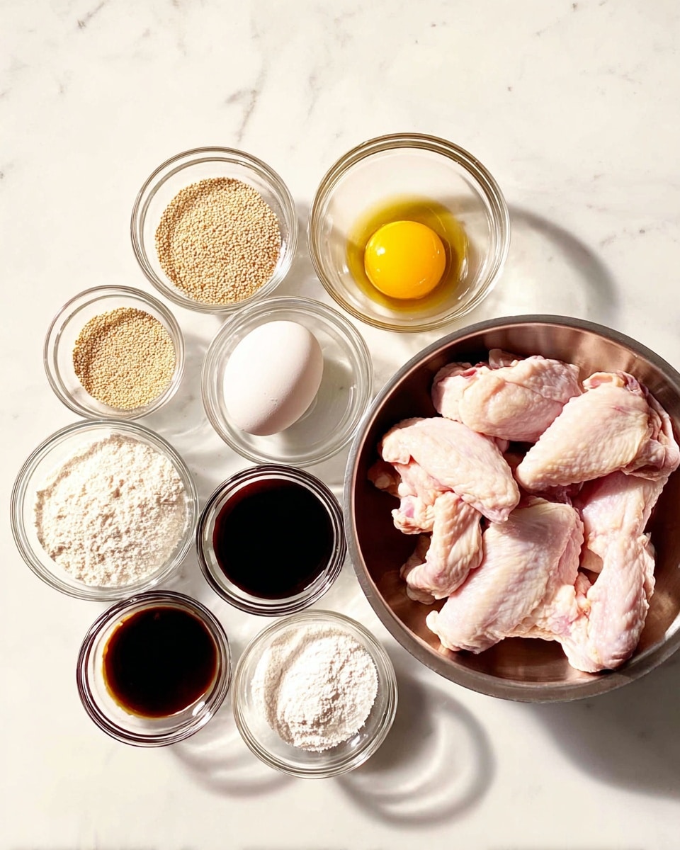 A large silver bowl filled with raw chicken wings showing pale pink skin and white fat is placed on the right side of a white marbled surface. To the left, nine small clear glass bowls are arranged neatly in three rows. The top row has light brown sesame seeds, light beige baking powder, dark brown soy sauce, and a clear liquid that is likely vinegar. The middle row holds white baking soda, a whole raw egg with a bright yellow yolk, and a dark, thick sauce resembling hoisin or oyster sauce. The bottom row includes two bowls with white powders, probably cornstarch and flour. The light shines softly on the ingredients highlighting their fresh textures and natural colors. photo taken with an iphone --ar 4:5 --v 7