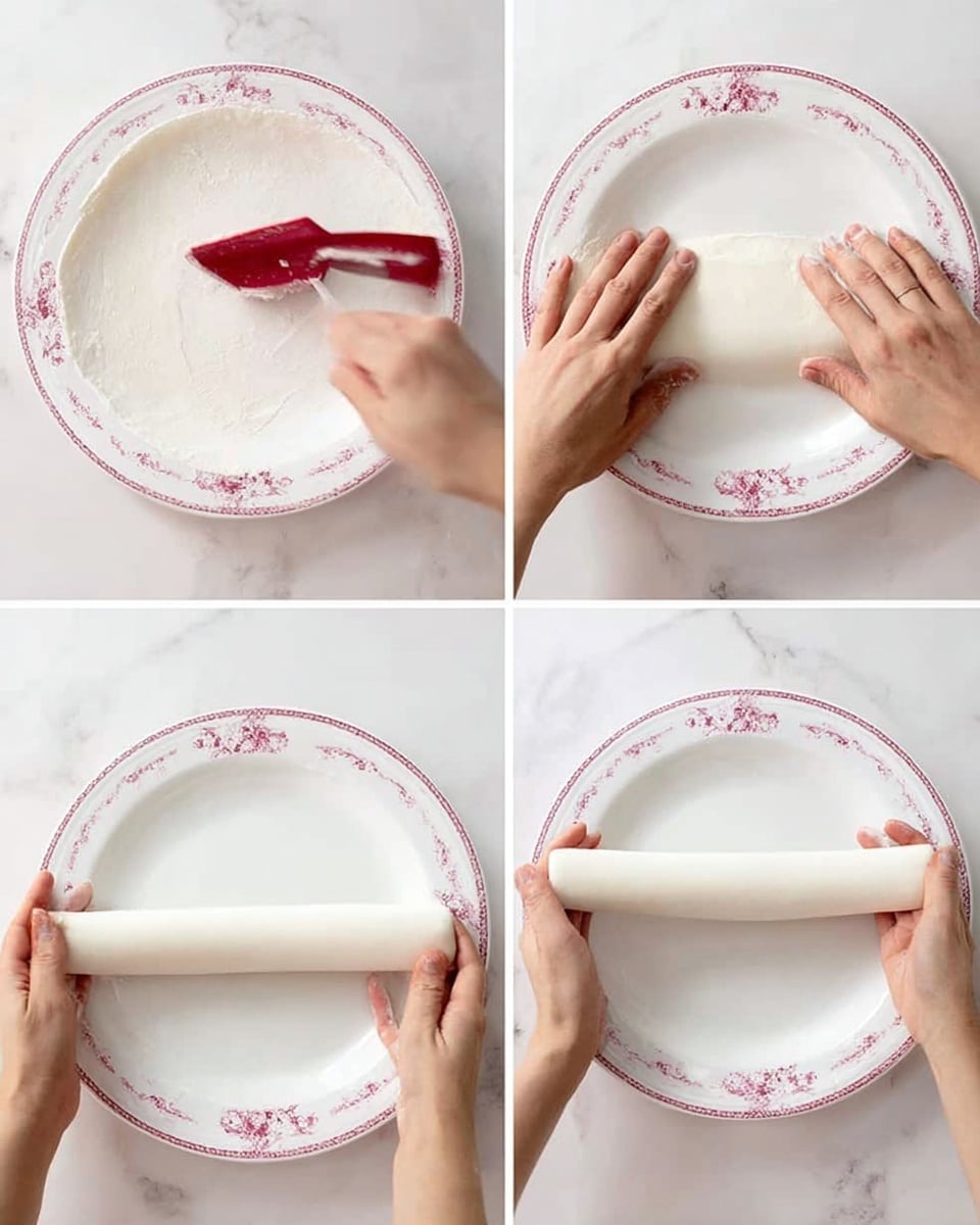 The images show a sequence of forming a white dough on a large white plate with pink floral designs placed on a white marbled surface. In the first frame, a woman's hand is spreading the dough with a red spatula, covering most of the plate's surface. In the second frame, two woman's hands are gently folding the dough from the edge toward the center. The third frame shows two woman's hands rolling the dough into a long, smooth cylinder shape positioned horizontally on the plate. In the last frame, the woman's hands are holding the finished white dough cylinder delicately above the plate. Photo taken with an iphone --ar 4:5 --v 7