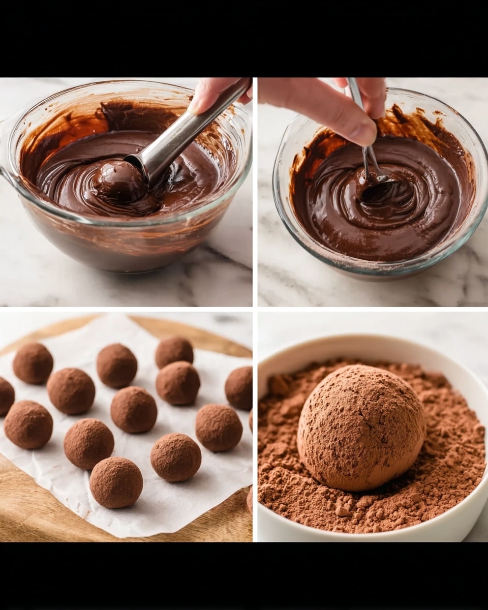 A clear glass bowl filled with smooth, shiny dark brown chocolate mixture sitting on a white marbled surface, followed by a close-up of the same bowl with a woman's hand using a metal scoop to form a round shape of the chocolate mixture. Next, there are multiple small, round dark brown chocolate balls placed on white parchment paper with a wooden board edge visible beneath it. The last image shows a single chocolate ball covered evenly in light brown cocoa powder, placed inside a white bowl filled with the same cocoa powder, all on a white marbled surface photo taken with an iphone --ar 4:5 --v 7