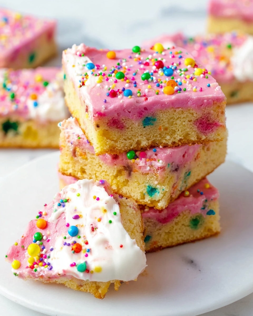 The image shows a stack of three square funfetti cake bars with colorful sprinkles baked inside and on top. The top bar has a layer of pink frosting covering part of the surface, with scattered multicolored round sprinkles. Below it, the visible cake layers are light yellow with bits of colorful sprinkles inside, giving a festive look. In front of the stack is a small piece of the same cake bar broken off and covered half in pink frosting and half in white frosting, both topped with colorful sprinkles. All the cake bars rest on a white plate, placed on a white marbled surface. Photo taken with an iphone --ar 4:5 --v 7