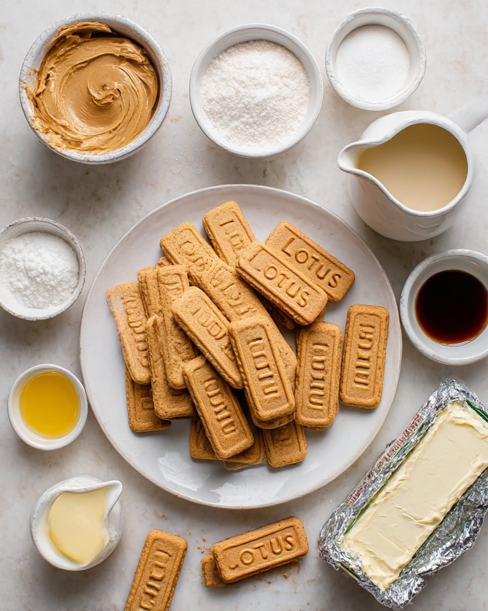 The image shows a white plate filled with many rectangular Lotus biscuits that are light brown and have the word