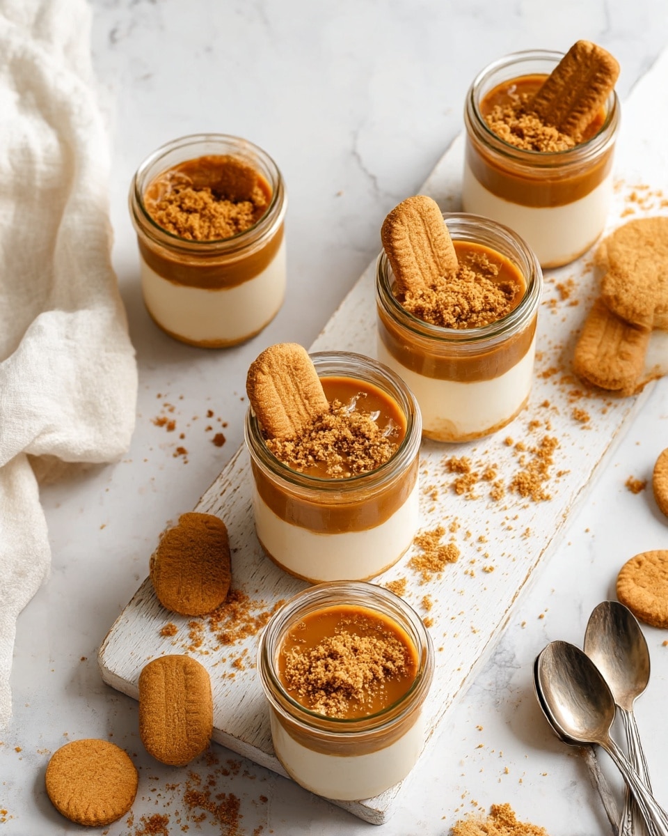 Six small glass jars are filled with a layered dessert. The bottom layer is creamy white, smooth in texture. On top of this is a thick layer of caramel-colored sauce, shiny and rich. Each jar is sprinkled with crumbled golden brown biscuits, adding a crumbly texture on top. One small biscuit is placed upright on the edge inside each jar. The jars rest on a white wooden board, with more golden brown biscuits scattered around. The background is a white marbled surface with three silver spoons nearby and a soft white cloth to the side. photo taken with an iphone --ar 4:5 --v 7