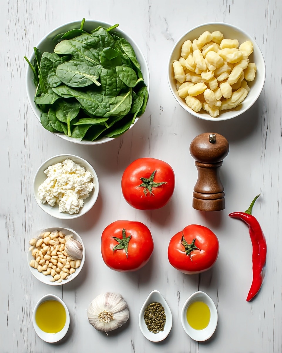 The image shows fresh ingredients laid out neatly on a white marbled surface. On the top left, there is a white bowl full of green spinach leaves with a smooth texture. To the right of it, there is a white bowl filled with small, soft, light yellow gnocchi pieces stacked loosely. Below the spinach, there is a small white bowl with white, crumbly feta cheese cubes. Next to it is a brown pepper grinder, and to the right of that, a small white bowl with pale beige pine nuts inside. Below these, two smooth, round, red tomatoes with green tops sit side by side. Next to the tomatoes are three garlic cloves with a pale purple tint, and to the right, a bright red chili with a green stem. Along the bottom row, three small white dishes contain a yellowish butter scoop, golden olive oil, and small green fennel seeds. Everything is set against a clean, white marbled surface, photo taken with an iphone --ar 4:5 --v 7
