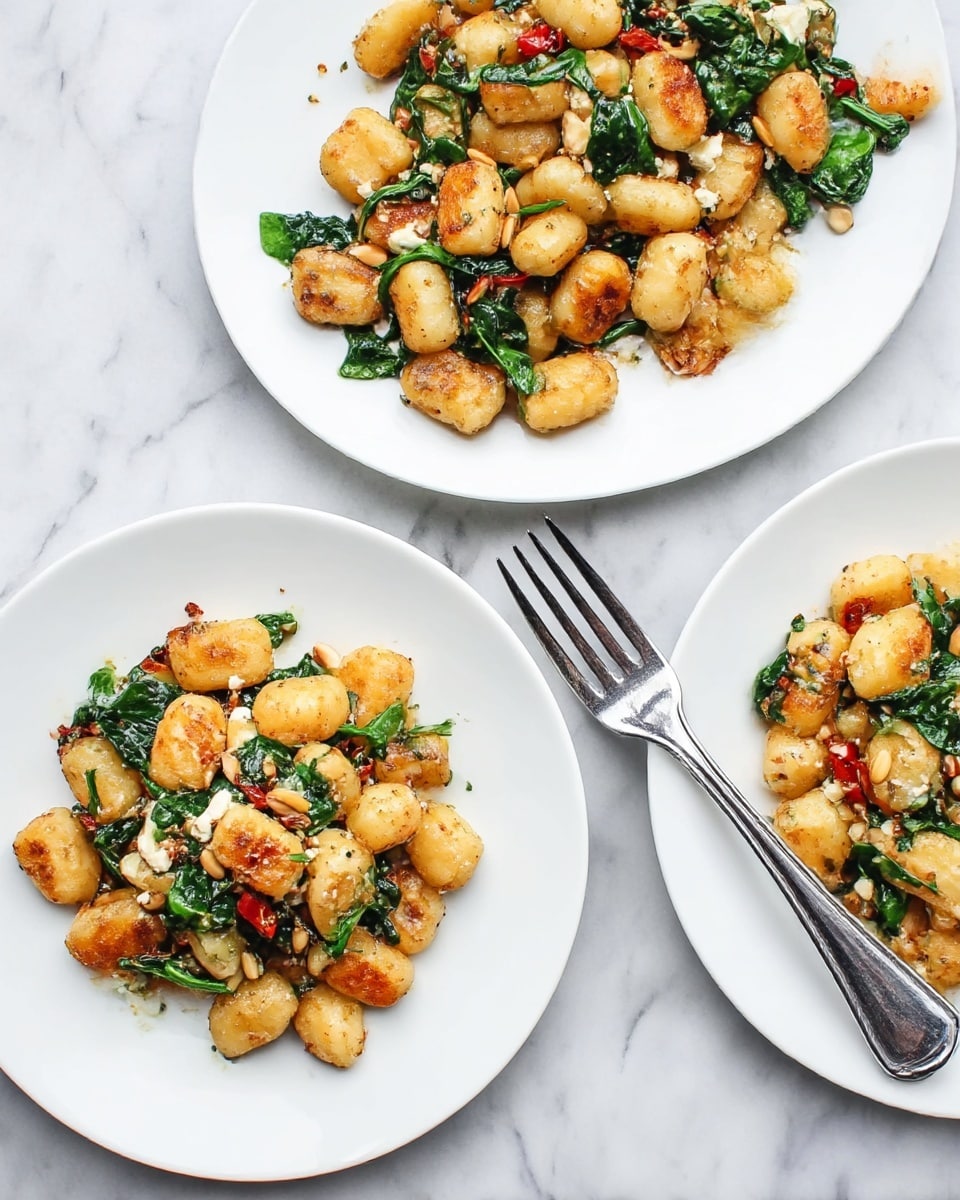 The image shows three white plates of golden-brown pan-fried gnocchi. Each plate has small, round gnocchi pieces with a light crispy texture. Mixed in with the gnocchi are dark green wilted spinach leaves, small white chunks of soft cheese, and tiny red pieces likely from roasted peppers. There are also some small pine nuts scattered throughout. Two plates have a shiny silver fork resting on them, placed diagonally on the right sides. The plates sit on a white marbled surface with visible light grey veins. The photo taken with an iphone --ar 4:5 --v 7