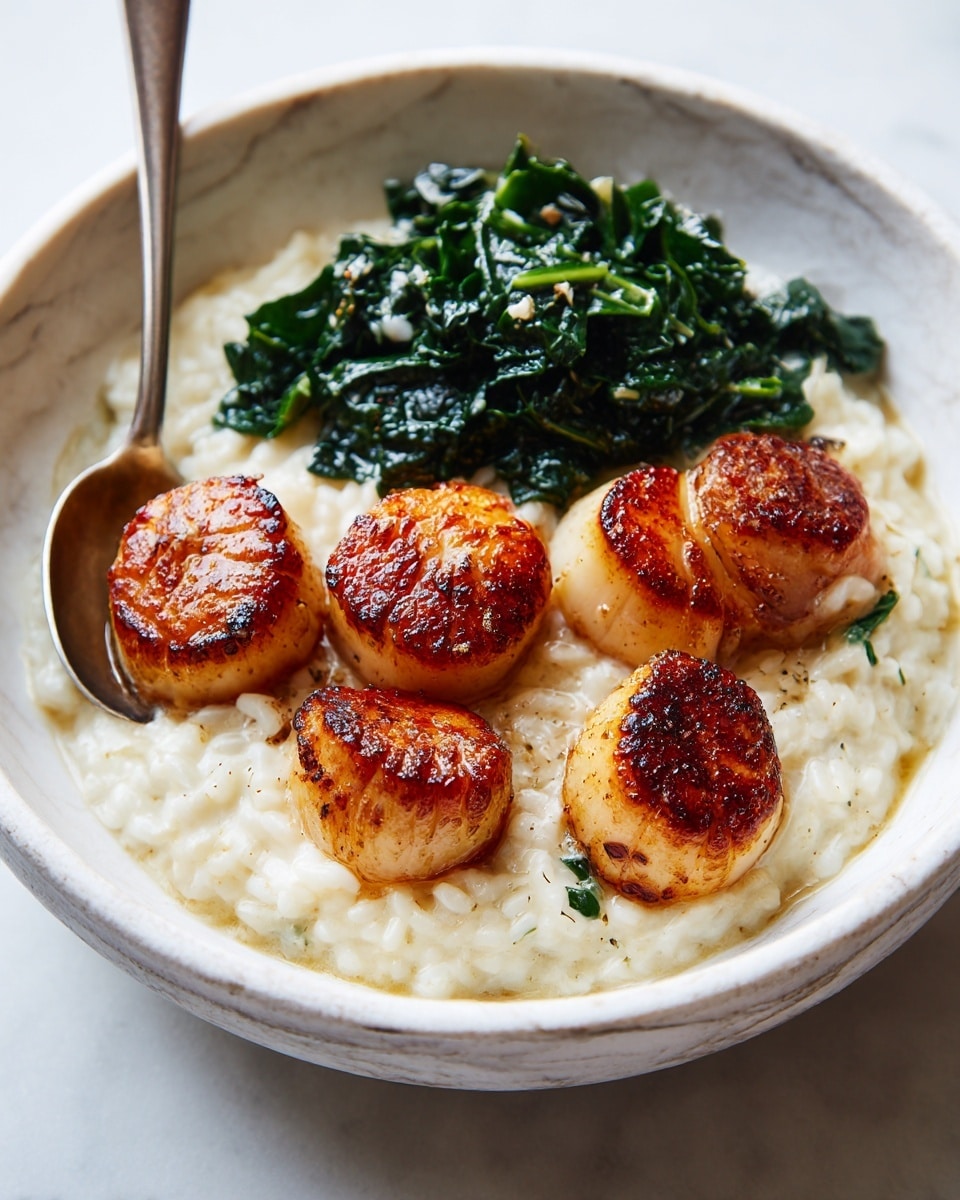 A bowl with a white marbled texture holds a creamy, pale risotto base. On top of the risotto are five seared scallops arranged in the center, each with a golden-brown crust that shows a slight caramelization. Behind the scallops, there is a small pile of cooked dark green leafy vegetables, adding a fresh color contrast. A silver spoon rests inside the bowl on the left side. The photo taken with an iphone --ar 4:5 --v 7