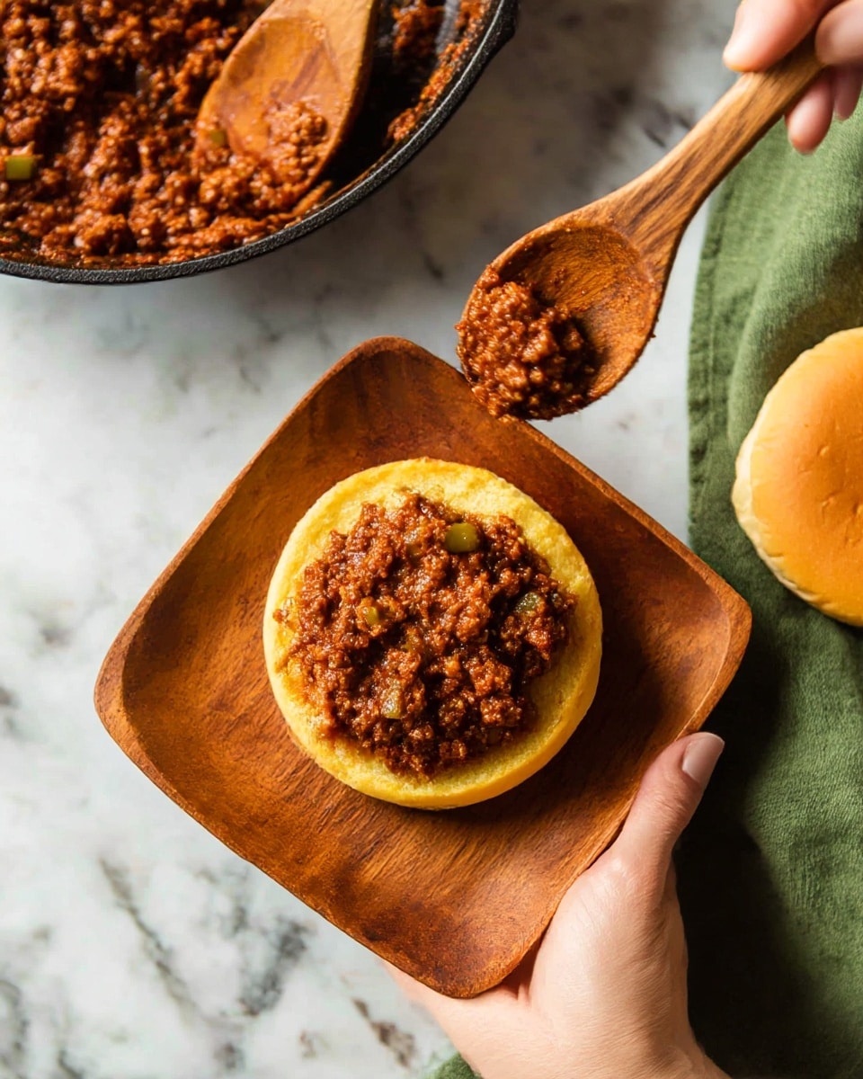 A close-up image shows one layer of toasted yellow bun placed on a wooden square plate, topped with a thick, chunky reddish-brown meat sauce that has visible bits of green peppers and onions. A woman's hand is holding the wooden plate while another woman's hand is using a wooden spoon to scoop the meat sauce from a black pan in the background. The setting rests on a white marbled surface, and a whole bun is seen on the right side with a green cloth underneath. photo taken with an iphone --ar 4:5 --v 7