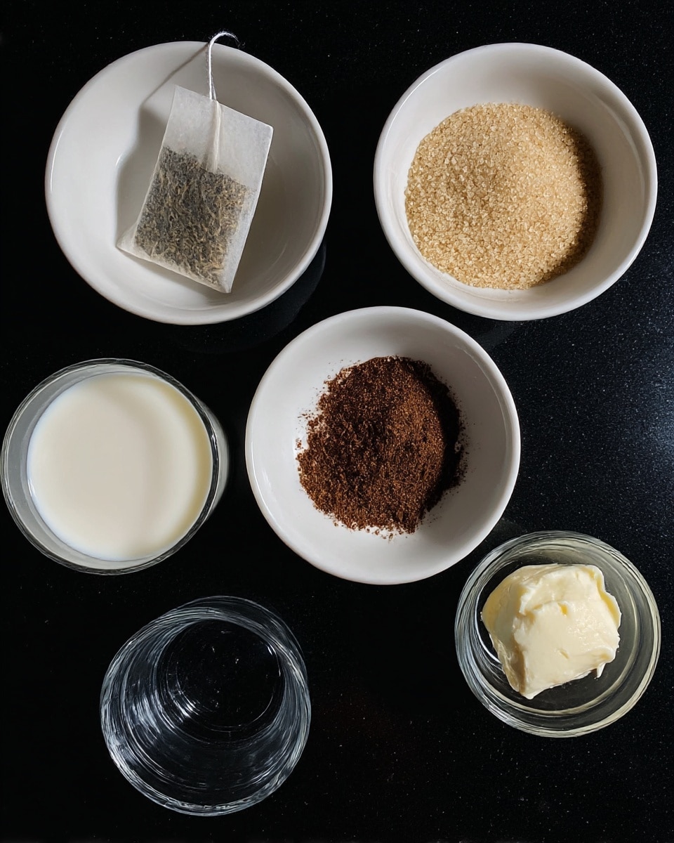 The image shows five white containers placed on a black table, arranged in a rough circle with one in the center. In the top left bowl, there is a tea bag with a visible string resting inside. The top right bowl holds a pile of light brown sugar crystals. The center bowl contains a small heap of fine, dark brown powder spread slightly on the white surface. On the bottom left, a clear glass cup contains white milk, and on the bottom right, a clear glass holds a dollop of pale cream or butter. The background is a black, shiny surface. Photo taken with an iphone --ar 4:5 --v 7