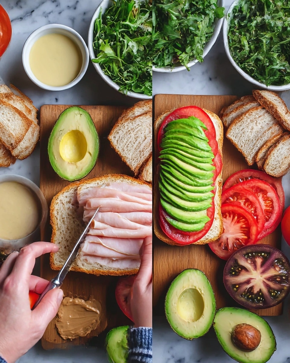 The image shows an open sandwich preparation on a wooden board placed on a white marbled surface. The sandwich has three visible layers: the bottom layer is a slice of light brown toasted bread, the second layer is thinly folded pink turkey slices, and the third layer consists of evenly sliced green avocado arranged in a row on top of red tomato slices. Beside the sandwich are two halves of an avocado, one with the bone and one without. Around the board, there are several slices of toasted bread, folded turkey slices, a white bowl of creamy yellow sauce, a bowl of fresh green leafy salad, a whole red tomato, and several slices of dark red heirloom tomato. A woman's hand is holding a silver knife near the bottom left corner with some light brown spread on it. The overall setup is colorful with green, red, yellow, and brown tones, and fresh ingredients visible. Photo taken with an iphone --ar 4:5 --v 7