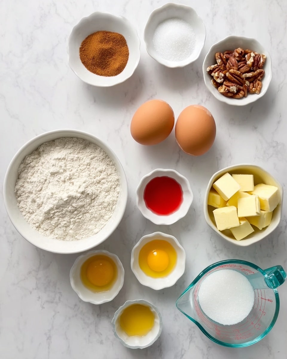 The image shows a flat lay of cooking ingredients arranged neatly on a white marbled surface. In the center are two brown eggs placed side by side. Above the eggs are three small white bowls containing cinnamon powder, white solid coconut oil, and chopped pecans, from left to right. Below the eggs are three small white bowls filled with white baking soda, yellow egg yolk, and red liquid, from left to right. To the left of the eggs is a larger white bowl filled with white flour, and below it is a small white bowl with cubes of pale yellow butter. To the right of the eggs is a clear glass measuring cup filled with white sugar. The overall arrangement is clean and colorful, with each ingredient clearly visible and separated. photo taken with an iphone --ar 4:5 --v 7