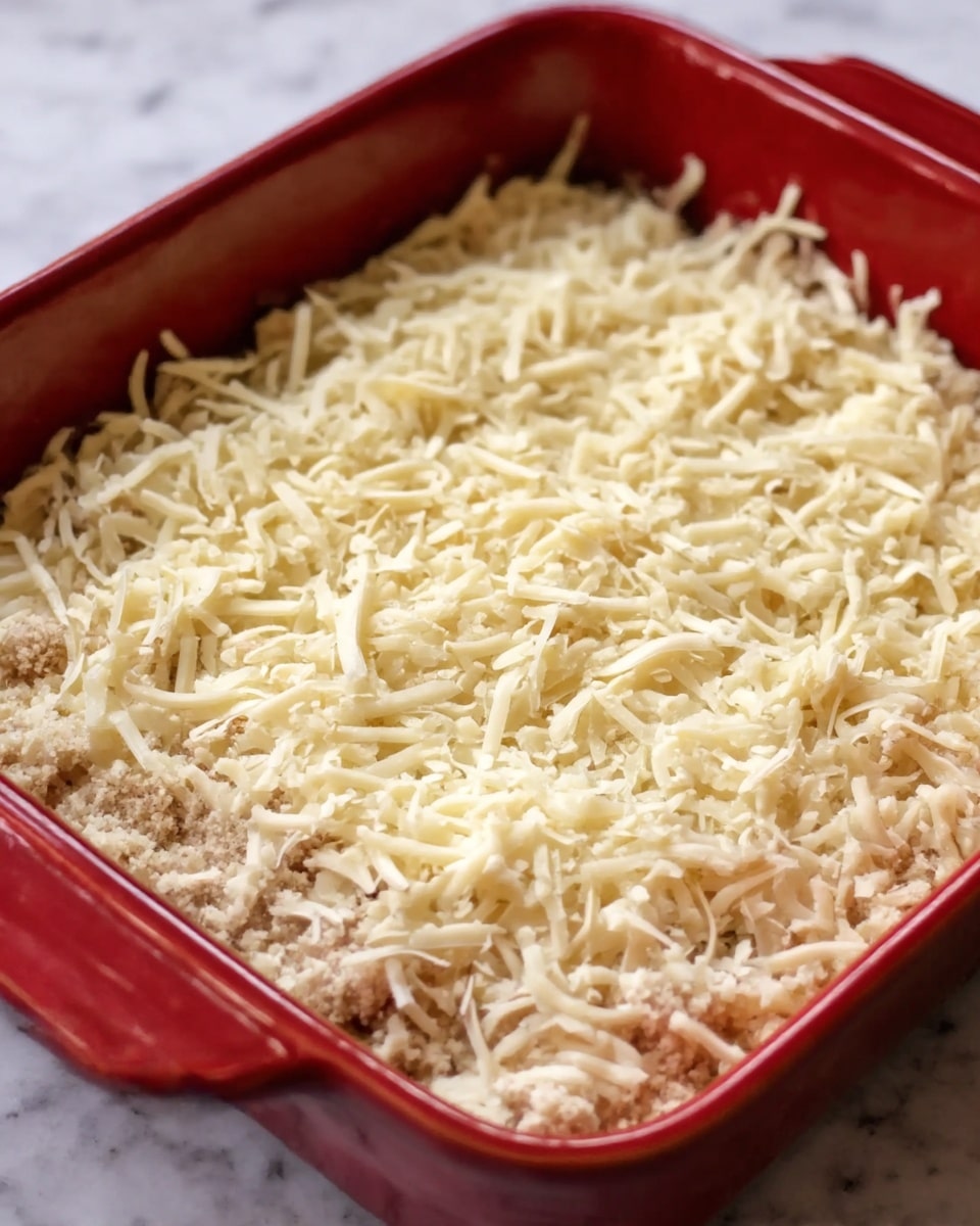 A close-up view of a red baking dish filled with a layered casserole. The bottom layer is light brown, crumbly, and spread evenly, topped with a generous layer of shredded pale yellow cheese that covers the whole surface. The dish sits on a white marbled surface. Photo taken with an iphone --ar 4:5 --v 7