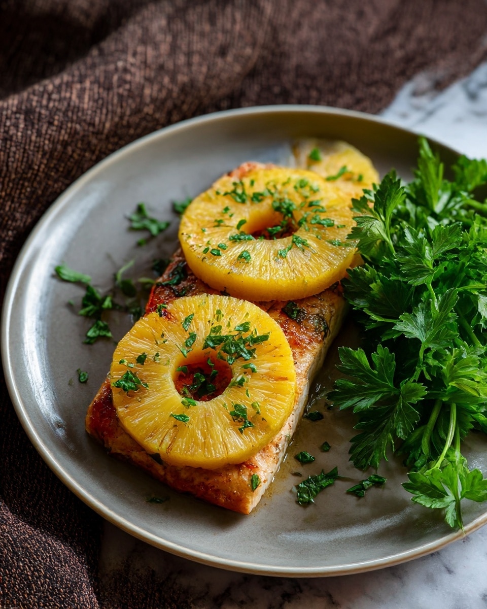 There is a piece of cooked fish with a golden brown color on a white plate. On top of the fish, there are two round slices of yellow pineapple, lightly browned and sprinkled with green chopped herbs. To the right side of the fish, there is a bunch of fresh green parsley. The plate is set on a white marbled surface, and the background has a textured dark brown cloth. photo taken with an iphone --ar 4:5 --v 7