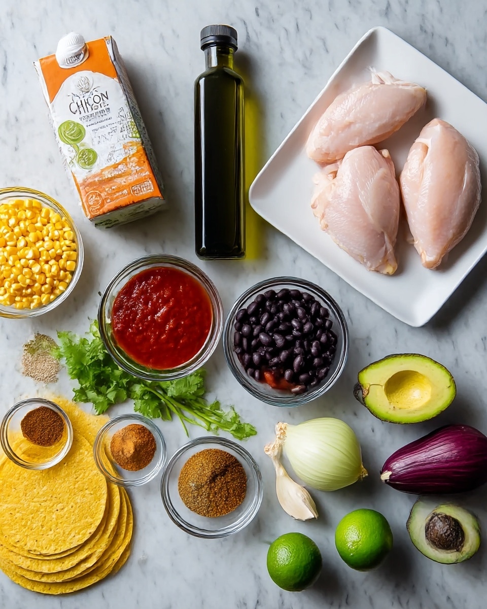 The image shows raw ingredients laid out for cooking, placed on a white marbled surface. On the top right, a white rectangular plate holds two pale pink raw chicken pieces. Next to it, a tall dark green bottle of avocado oil stands upright. Below that, a carton of chicken stock with orange and white design is positioned. In the center top, two small clear bowls contain vibrant red tomato sauce and black beans, side by side. Below the beans and sauce, a cluster of green cilantro leaves sit beside a small yellow onion. To the left, bright yellow corn kernels fill another clear bowl. Around the bowls are small clear dishes with cinnamon brown and light brown spices. At the bottom center, four stacked yellow corn tortillas lay flat, near a green lime, dark purple avocado, a green jalapeño pepper, and two garlic cloves. Everything is carefully arranged to show each ingredient clearly photo taken with an iphone --ar 4:5 --v 7