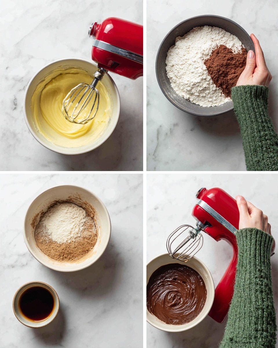 A set of four images arranged in a square, showing a step-by-step process of making chocolate batter; top left shows a white bowl with light yellow softened butter being mixed with a red hand mixer held by a woman's hand wearing a green sweater, top right shows a woman's hand lifting a dark grey pan containing white flour, brown cocoa powder, and other dry ingredients over a white marbled surface, bottom left shows a white bowl with light brown dry mix with a woman's hand adding a small brown bowl of dark liquid, and bottom right shows a white bowl with smooth dark chocolate batter being mixed with a red hand mixer held by a woman's hand wearing the same green sweater, all set on a white marbled surface, photo taken with an iphone --ar 4:5 --v 7