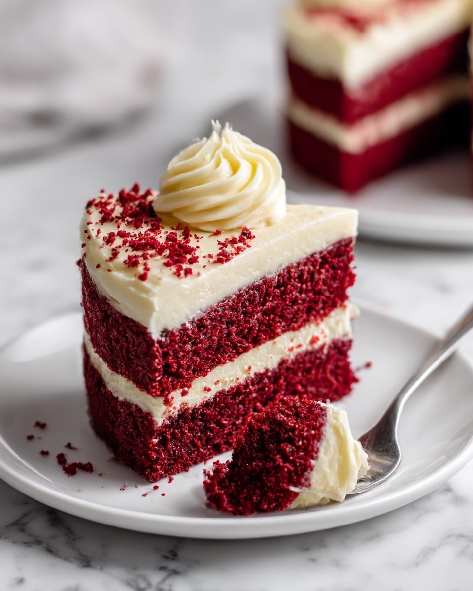 A small red velvet cake with two thick, deep red layers separated by a layer of white creamy frosting sits on a white plate on a white marbled surface. The top layer is covered with more white frosting and decorated with a swirl of smooth, creamy white frosting on top, sprinkled with small red crumbs. A piece of cake with some frosting on it is placed in front, showing the moist texture. A metal fork rests on the plate near the cake. Photo taken with an iphone --ar 4:5 --v 7
