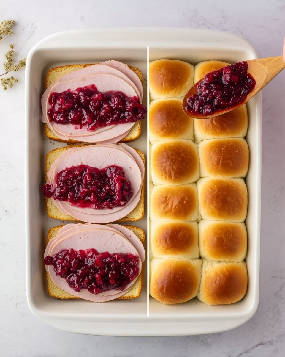 The image shows three steps of making a sandwich bake in a white rectangular dish placed on a white marbled surface. In the first part, two slices of pink turkey are layered evenly over a single slice of light golden bread at the bottom of the dish. In the second part, a thick dark red cranberry sauce with visible cranberry chunks is spread over the turkey slices, covering most of the surface. In the final part, a layer of twelve small golden-brown slider buns is placed on top, tightly packed to cover the cranberry sauce completely, showing slight browning on the tops. A woman's hand holding a wooden spoon with cranberry sauce is partially visible near the dish. Photo taken with an iphone --ar 4:5 --v 7