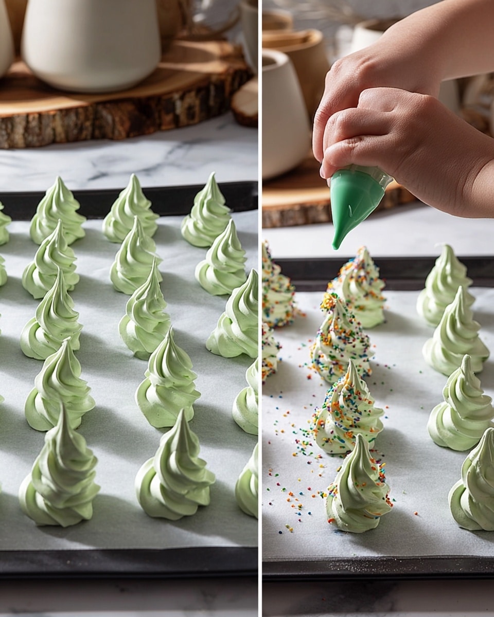 A close-up image shows light green meringue shaped like small Christmas trees arranged in neat rows on white parchment paper over a black baking tray. Each meringue tree has multiple layers, with swirled textures forming the branches that rise into a pointed top. In the left part, a woman's hand holds a green piping bag, adding fresh meringue trees to the tray. In the right part, another woman's hand is adding colorful small round sprinkles to the tops of several meringue trees, giving them a festive look. The background is softly lit with ceramic pots and wood slices, all placed on a white marbled surface. photo taken with an iphone --ar 4:5 --v 7