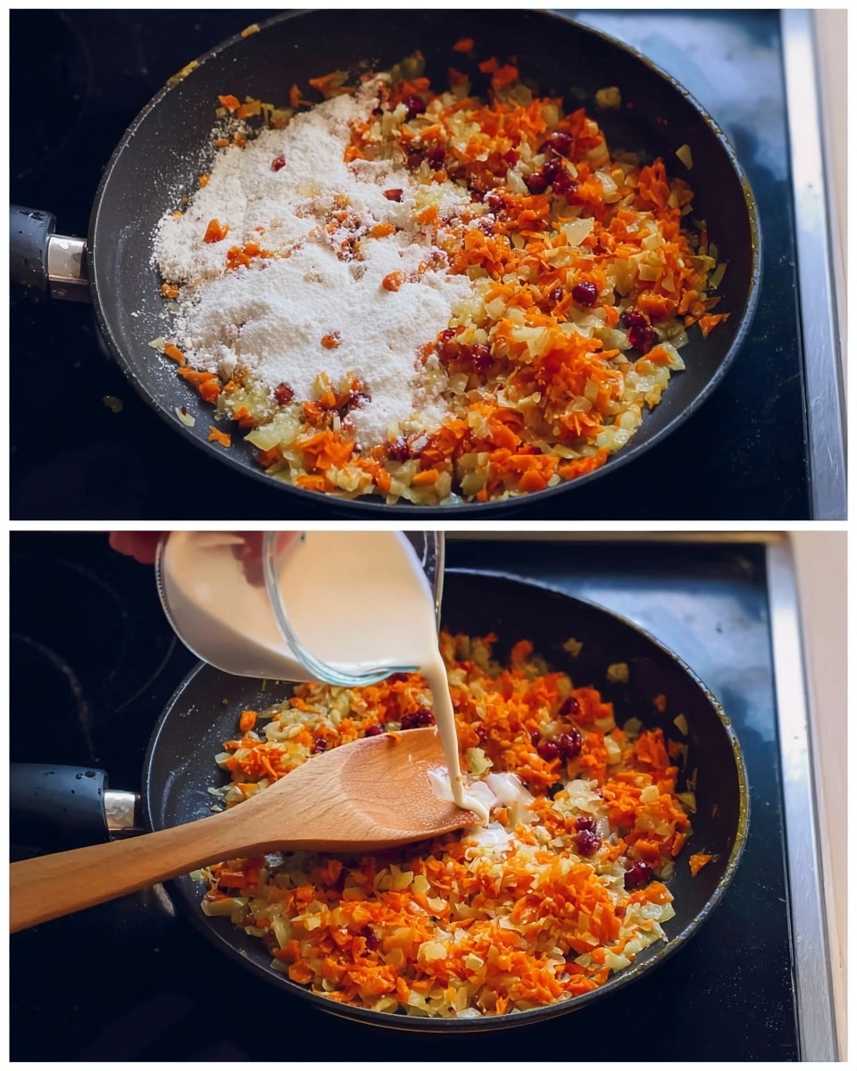 The image shows a black frying pan on a stove with a wooden spoon stirring finely chopped orange and light yellow vegetables mixed with small dark red pieces. In the first image, some white powder is sprinkled over the vegetables and red pieces. In the second image, a black measuring cup is pouring a thick white liquid into the pan while the wooden spoon stirs the mixture. The white marbled surface is visible around the stove. photo taken with an iphone --ar 4:5 --v 7