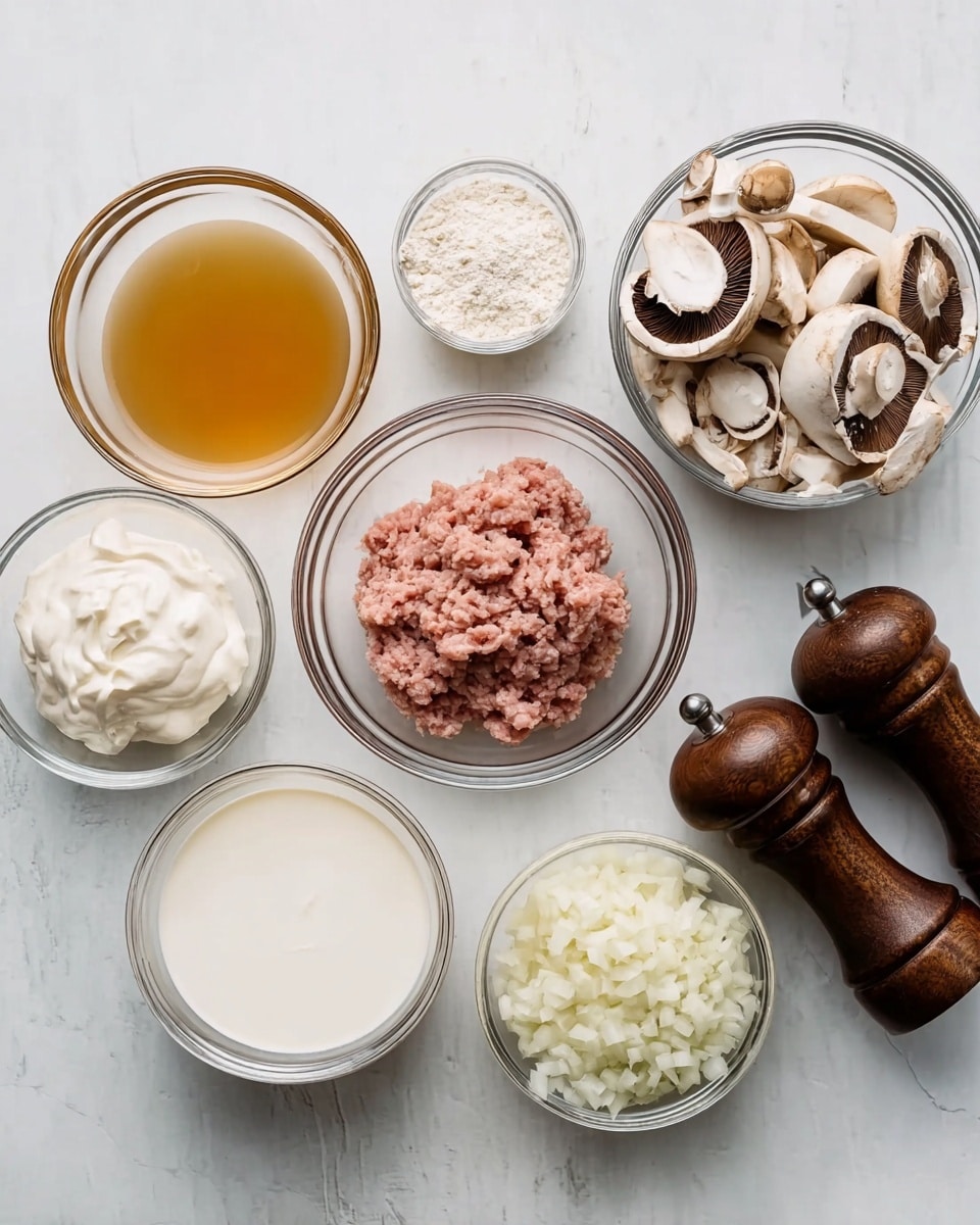 A top-down view of several clear glass bowls arranged on a white marbled surface, each filled with different cooking ingredients. Starting from the top left, there is a bowl of light golden broth, a bowl with pinkish ground meat in the center, a bowl of sliced white and brown mushrooms on the top right, and a small bowl of white flour next to two dark brown wooden salt and pepper grinders. Below, there is a large bowl of white milk on the bottom left, a smaller bowl of thick white sour cream in the center, and a bowl of finely chopped white onions to the right. All items are neatly arranged and clearly visible. Photo taken with an iphone --ar 4:5 --v 7