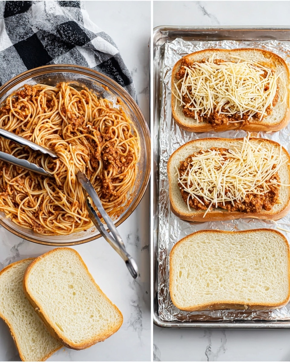 The image shows two scenes side by side on a white marbled surface. On the left, a clear glass bowl filled with spaghetti noodles mixed with a reddish-brown meat sauce sits above a black and white checkered cloth. Silver tongs rest inside the bowl, lifting some noodles. On the right, a silver baking tray lined with foil holds four white bread slices hollowed out in the center. The two top bread slices are filled with the same spaghetti and meat sauce mixture, piled neatly inside the hollowed areas. The two bottom slices are empty except for a small amount of noodles being added with the silver tongs. Photo taken with an iphone --ar 4:5 --v 7