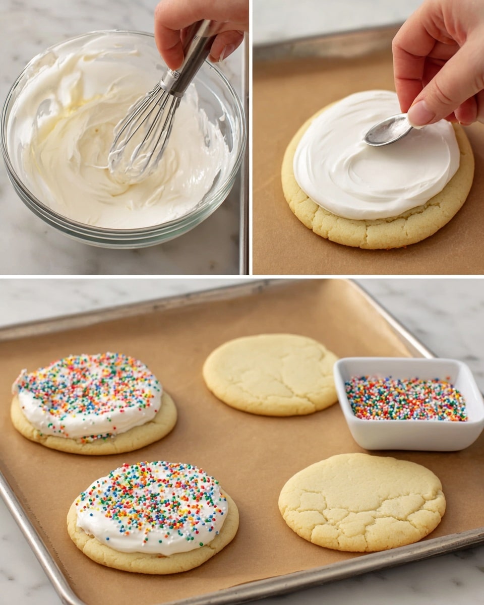 The image shows three steps of decorating soft, thick pale-yellow sugar cookies resting on brown parchment paper over a tray. Step one shows a woman's hand whisking smooth white icing in a clear glass bowl set on a white marbled surface. Step two shows a woman's hand spreading the shiny white icing smoothly on a single cookie using a silver spoon. Step three shows two mounted cookies covered with white icing and being topped with small, round, colorful rainbow sprinkles by a woman's hand, while other plain cookies sit nearby. A small white square bowl filled with sprinkles is placed next to the cookies on the white marbled surface photo taken with an iphone --ar 4:5 --v 7