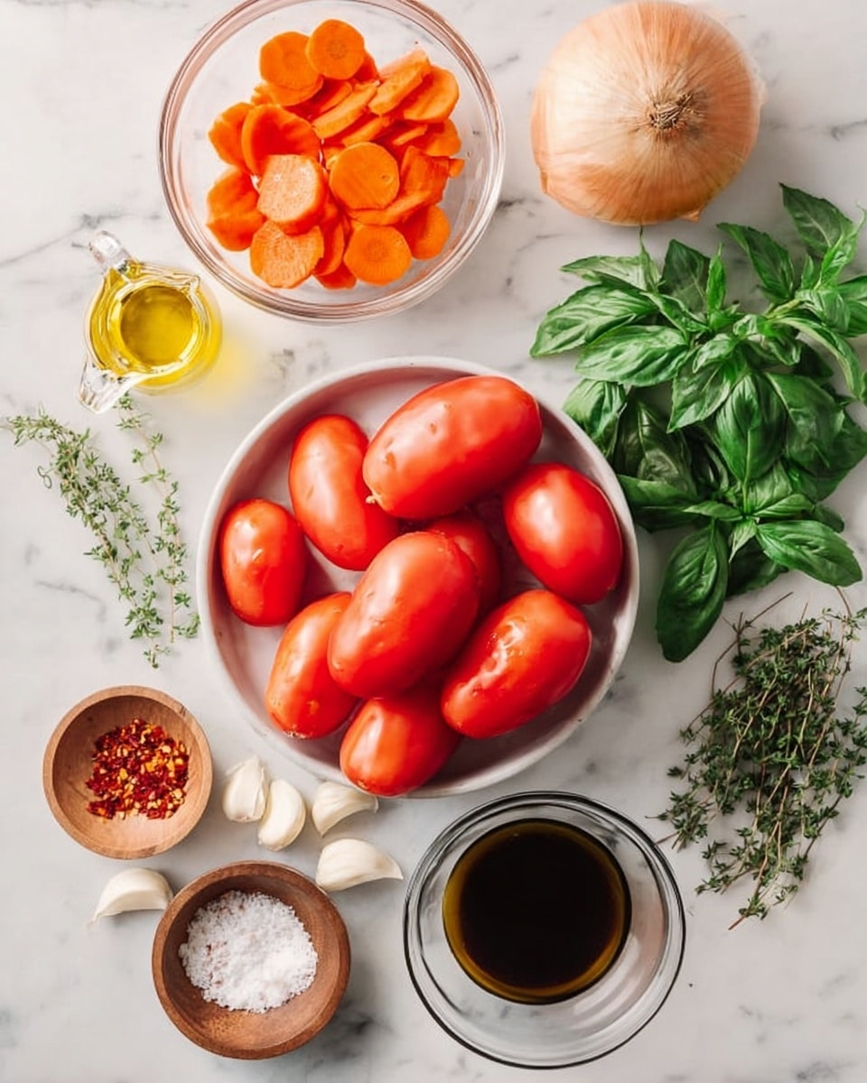 A white bowl filled with bright red Roma tomatoes sits near the center on a white marbled surface. To the right, a small clear glass bowl holds dark brown soy sauce, and a light wooden pepper grinder stands nearby. Above the tomatoes, a yellow-brown whole onion rests. To the left, a small clear glass bowl contains round slices of bright orange carrot. Around these main items, fresh green basil leaves and sprigs of thyme are scattered, adding color contrast. Below the tomatoes, two small white bowls hold white salt and red chili flakes, and a small clear glass container filled with golden olive oil sits at the bottom. Photo taken with an iphone --ar 4:5 --v 7