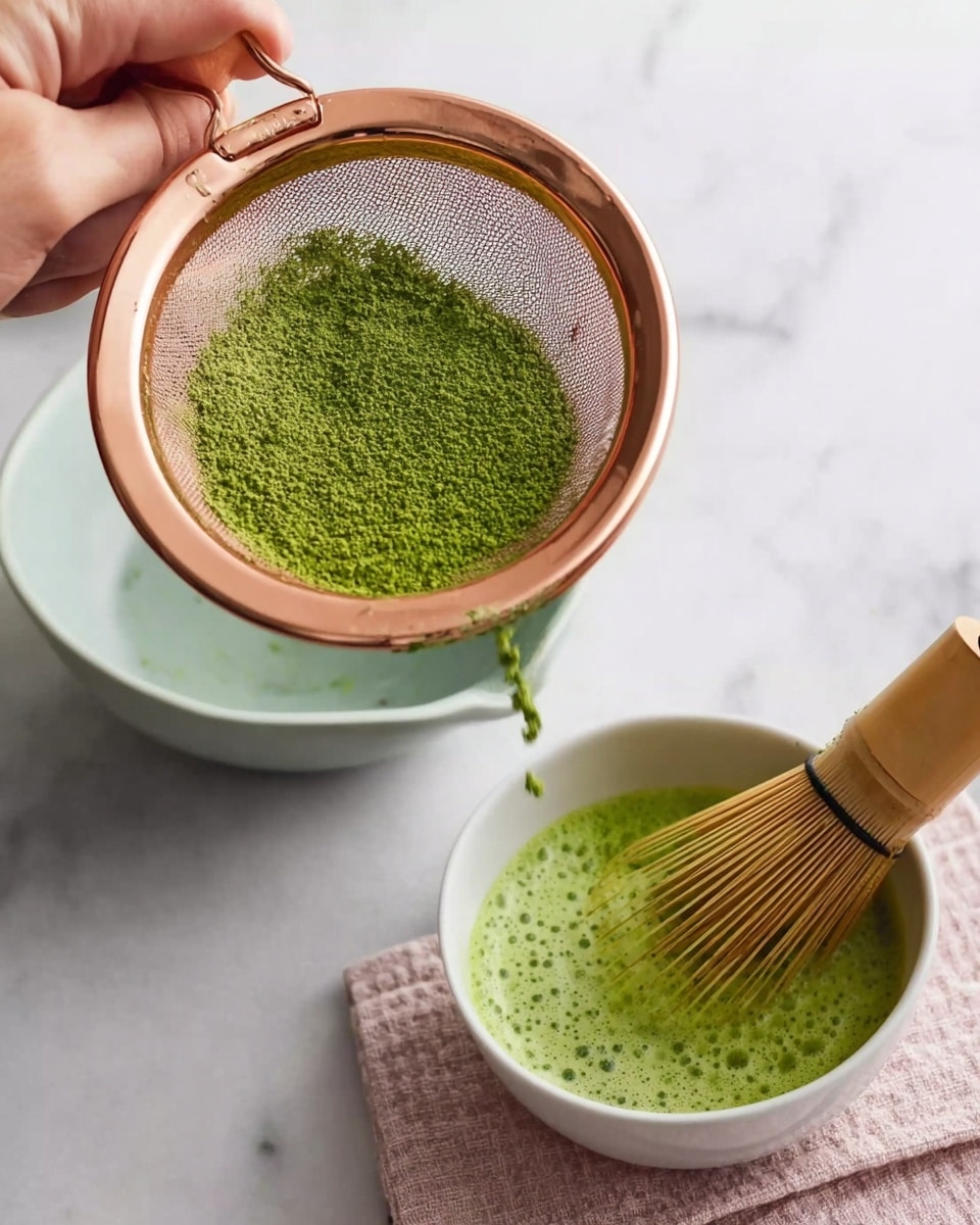 The image on the left shows a copper sieve held over a white plate with a green powder being poured through it from a copper spoon. The powder is fine and bright green, falling softly into the sieve. The image on the right shows a woman's hand holding a bamboo whisk and mixing bright green liquid inside a white bowl. The liquid has a smooth, frothy texture with bubbles on the surface. Both scenes have a white marbled background with soft natural light. photo taken with an iphone --ar 4:5 --v 7