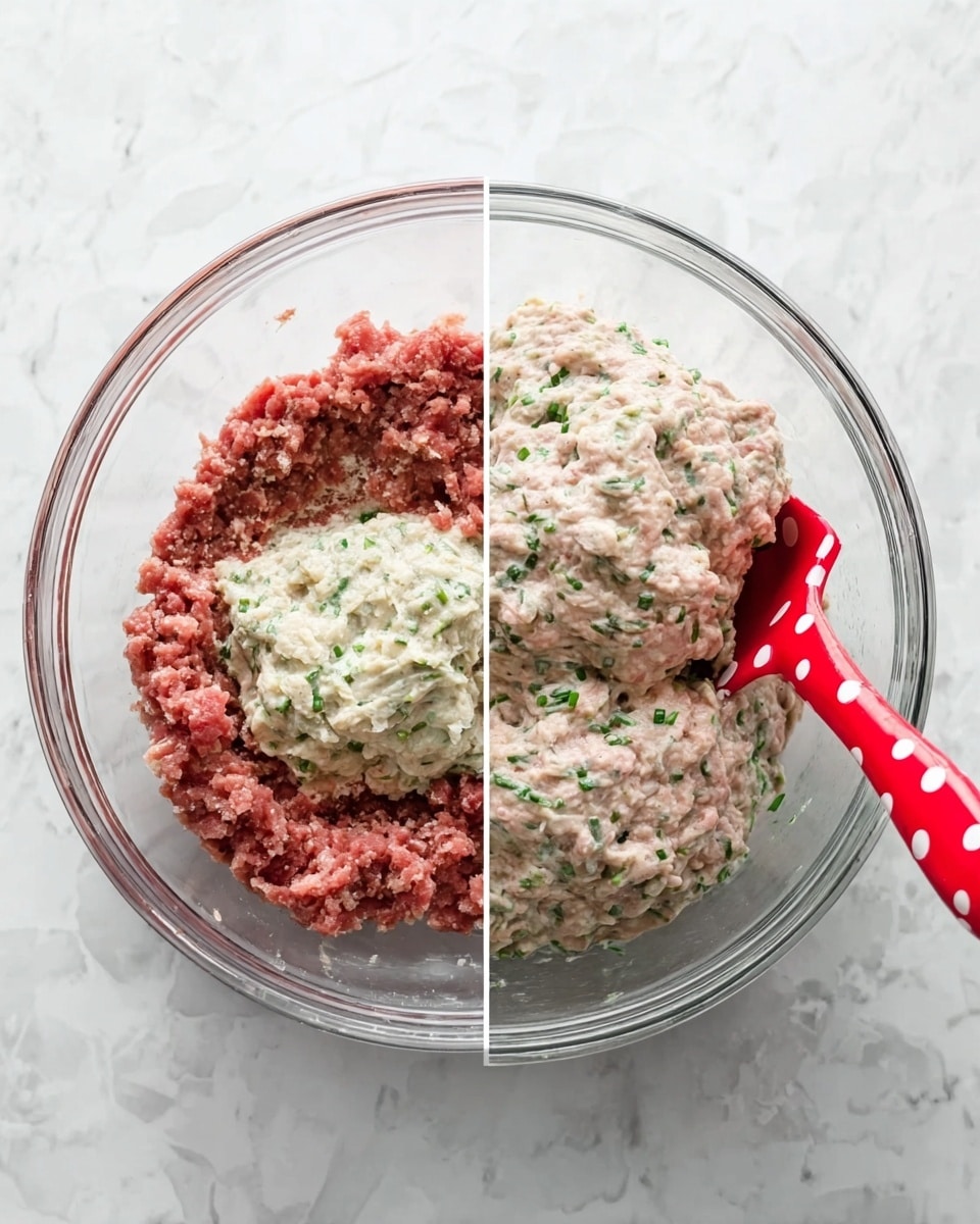 The image shows two clear glass bowls on a white marbled surface. The left bowl contains two separate layers inside: on the left side, reddish raw ground meat, and on the right side, a pale creamy mixture with green herb bits. A red spatula with white polka dots is resting on the right side of the bowl. The right bowl shows the same ingredients fully mixed into a single textured mass that is light pinkish with green herb specks throughout, and the same red spatula with white polka dots tucked into the mixture. Photo taken with an iphone --ar 4:5 --v 7