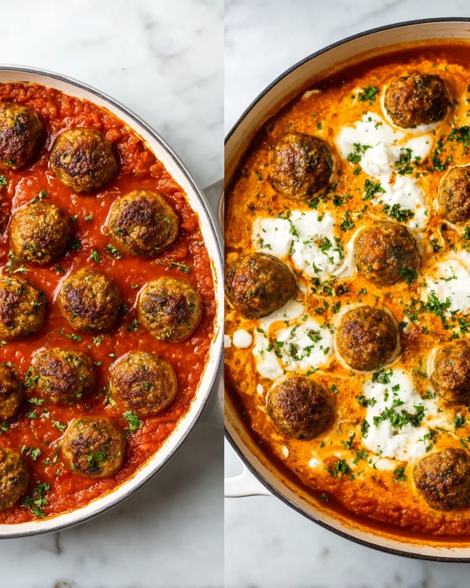 In a white round pan filled with rich red tomato sauce as the base layer, there are evenly arranged brown meatballs with a slightly crispy texture on top, sprinkled with small bits of green herbs. In the second pan, the base layer is still the red sauce but now covered with an orange creamy sauce layer swirled across, with dollops of white cheese spread unevenly on the surface. Brown meatballs peek through the sauce, with more green herbs sprinkled gently on top. The pans are placed on a white marbled surface. photo taken with an iphone --ar 4:5 --v 7