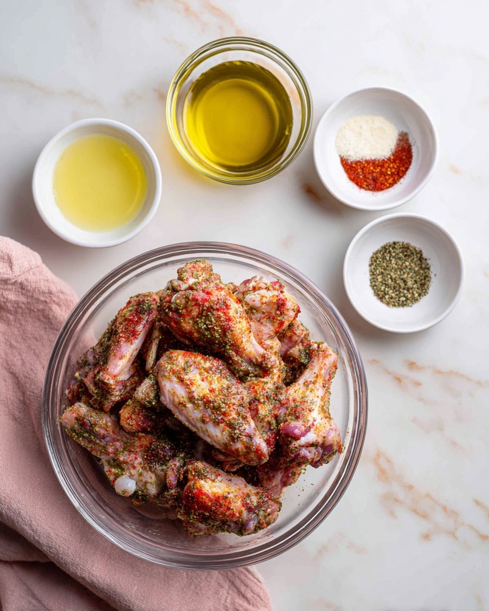 The image shows a clear glass bowl filled with raw chicken wings placed on a white marbled surface. Nearby, there are three small white bowls containing melted butter, olive oil, and an assortment of colorful spices including red, green, white, and black powders. The second part of the image shows a clear glass bowl with the chicken wings now fully coated in a thick, textured layer of the mixed spices, giving the wings a reddish, green, and pale color blend. The bowl sits on a light pink cloth which is on the same white marbled surface. photo taken with an iphone --ar 4:5 --v 7