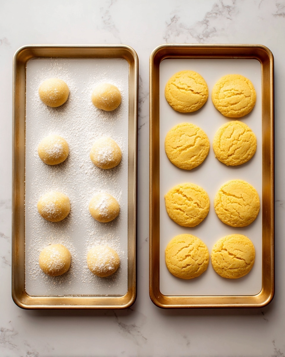 The image shows two side-by-side photos of a baking tray on a white marbled surface. On the left, the tray holds six small, round dough balls that are pale yellow and lightly dusted with flour, each spaced evenly apart on a white baking mat. On the right, the same tray holds six larger, flat, golden-yellow baked cookies that have spread out in a round shape, showing a slightly uneven texture and a soft, smooth top on the same white baking mat. photo taken with an iphone --ar 4:5 --v 7