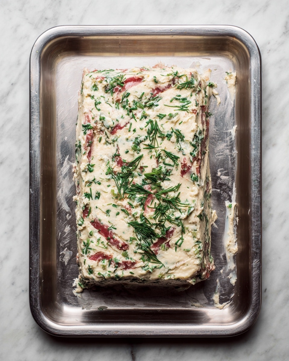 A rectangular block covered fully in a rough-textured creamy spread mixed with green herbs, showing thin red layers of meat peeking through underneath the spread. The block rests on a shiny metal tray with slight smudges of the creamy spread around it. The background is a white marbled texture. Photo taken with an iphone --ar 4:5 --v 7