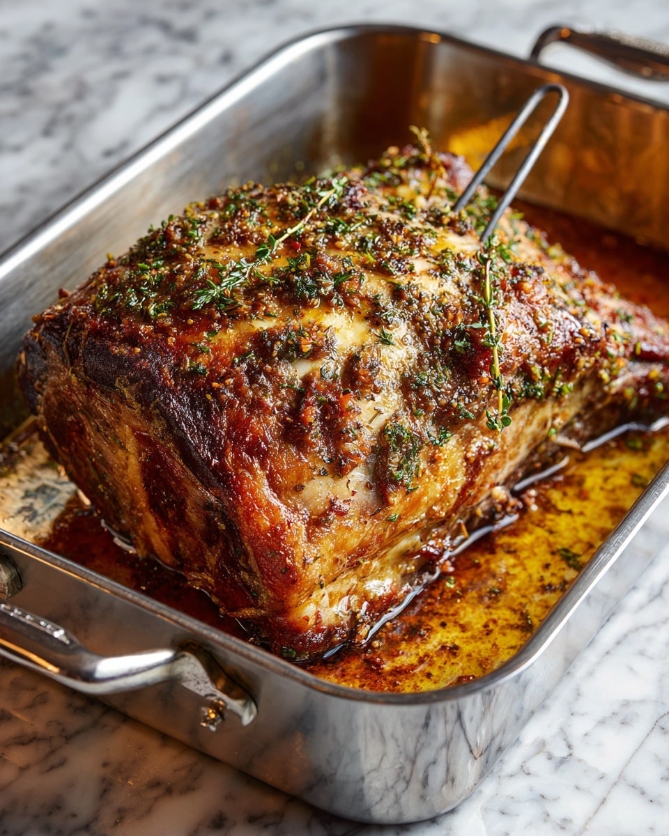A large roasted meat piece sits in a silver roasting pan with browned and crispy skin, topped with a mix of herbs and spices scattered all over. The meat has a golden-brown color, with some charred darker spots showing a well-cooked texture. The roasting pan shows some cooking juices gathered at the bottom, and two thin metal hooks are placed on top of the meat. The whole setup is placed on a white marbled surface. photo taken with an iphone --ar 4:5 --v 7