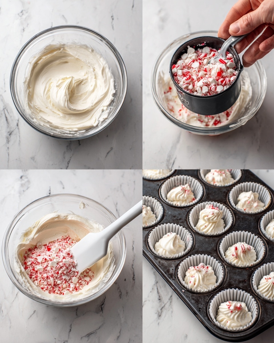 The image shows a four-step process on a white marbled surface for making a creamy peppermint dessert. Step 1 features a clear glass bowl filled with smooth, white whipped cream. Step 2 shows a woman's hand holding a black measuring cup filled with red and white crushed peppermint pieces over the whipped cream. Step 3 displays the whipped cream mixed with crushed peppermint pieces in the glass bowl, with a white spatula lifting some mixture. Step 4 presents a black muffin tray filled with white cupcake liners, each holding an even layer of the whipped cream and peppermint mixture. Photo taken with an iphone --ar 4:5 --v 7