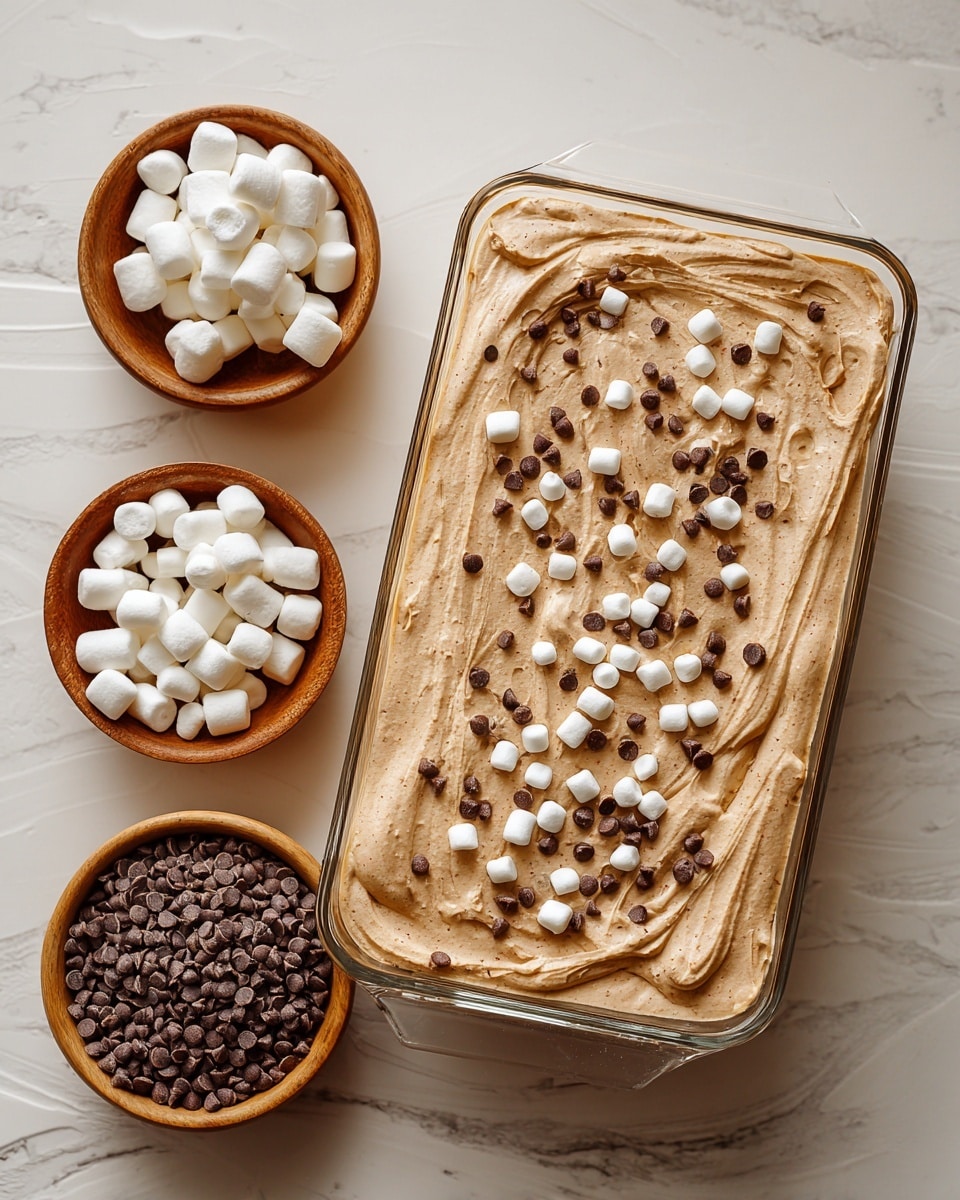 A rectangular glass dish filled with a smooth, light brown creamy layer spread evenly, topped with scattered small white marshmallows and tiny dark brown chocolate chips across the surface. The dish sits on a white marbled surface. Photo taken with an iphone --ar 4:5 --v 7
