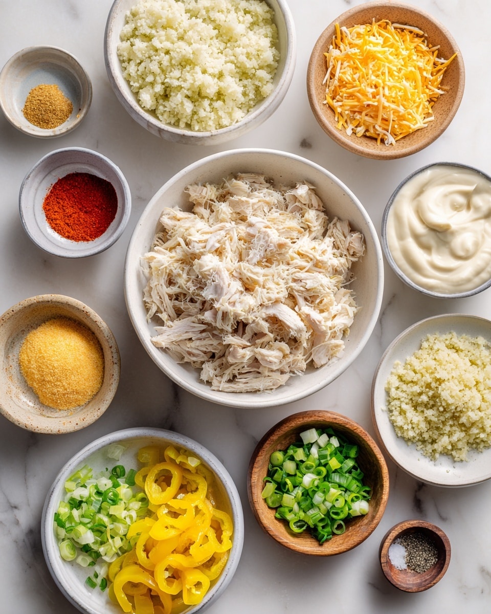 A top-down image shows several small bowls arranged on a white marbled surface, each filled with different ingredients for a dish. The largest bowl in the center contains shredded light beige chicken. Below it, a big bowl holds pale, grainy cauliflower rice. Around these are smaller white plates and wooden bowls with bright yellow chopped banana peppers, light green chopped green onions, creamy white mayo with a swirled texture, pale chopped onion pieces, orange-red hot sauce, fine yellow nutritional yeast, beige garlic powder, orange and white shredded cheese, a small pinch of red paprika, and a small plate with salt and pepper. Photo taken with an iphone --ar 4:5 --v 7