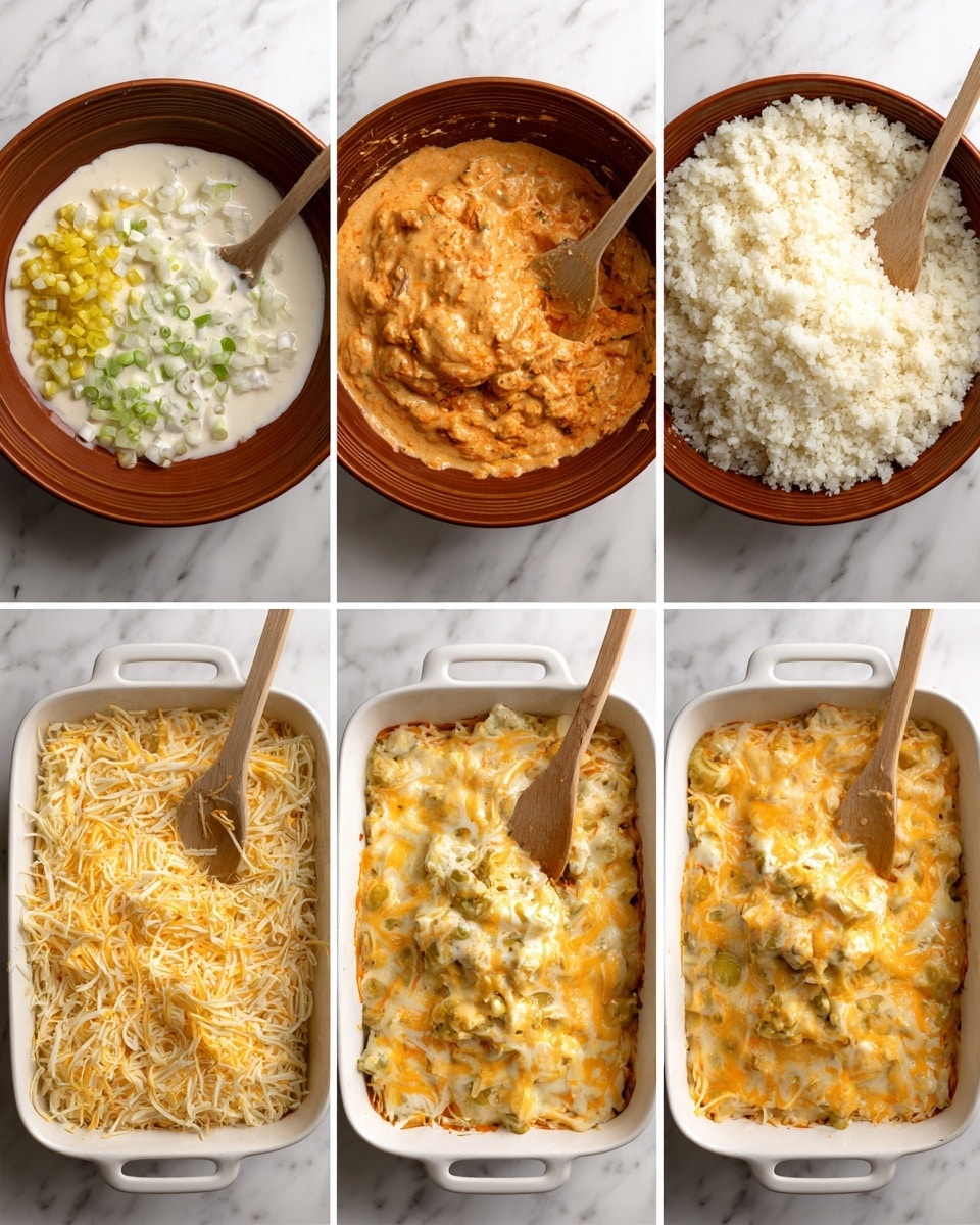 A sequence of six images shows the making of a cheesy casserole. In the first image, a brown bowl holds separate layers of white creamy sauce, chopped green onions, diced white onions, yellow chopped pickles, and red sauce, with a wooden spoon on the right side. The second image shows the ingredients mixed into a thick, creamy orange mixture with bits of green. The third image adds a large layer of white cauliflower rice on top of the orange mixture inside the bowl, with the spoon partially submerged. The fourth image shows the mixture spread evenly in a white rectangular baking dish. The fifth image displays a thick layer of shredded yellow and white cheese covering the casserole in the baking dish. The sixth image reveals the fully baked casserole with golden melted cheese on top, still in the baking dish. All scenes are set on a white marbled surface. Photo taken with an iphone --ar 4:5 --v 7
