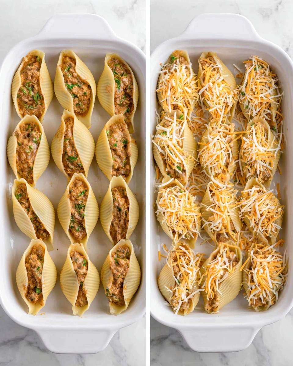 The image shows two views of large pasta shells in a white baking dish placed on a white marbled surface. In the left view, there are two rows of pasta shells filled with a brownish filling mixed with green herbs, tightly packed side by side. In the right view, the same filled pasta shells are covered with a layer of mixed shredded cheese in white, pale yellow, and light orange colors, scattered evenly over the top of the shells, adding texture and a slight color contrast. The pasta shells are slightly golden on the edges from cooking. Photo taken with an iphone --ar 4:5 --v 7