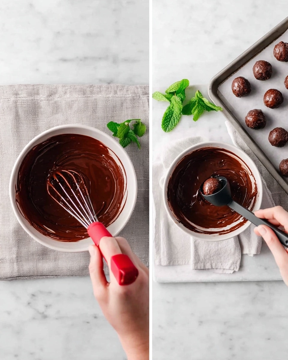 The first image shows a white bowl filled with smooth, melted dark brown chocolate. A woman’s hand holds a whisk covered in chocolate inside the bowl, and another woman’s hand holds a red spatula scraping the side. The bowl sits on a soft light grey cloth on a white marbled surface. The second image shows a white bowl filled with thick chocolate on the same soft light grey cloth and white marbled surface. A black scoop holds a round ball of chocolate above the bowl, and several of these chocolate balls sit on a white baking tray lined with parchment paper to the right. A few fresh green mint leaves sit at the top right corner. photo taken with an iphone --ar 4:5 --v 7