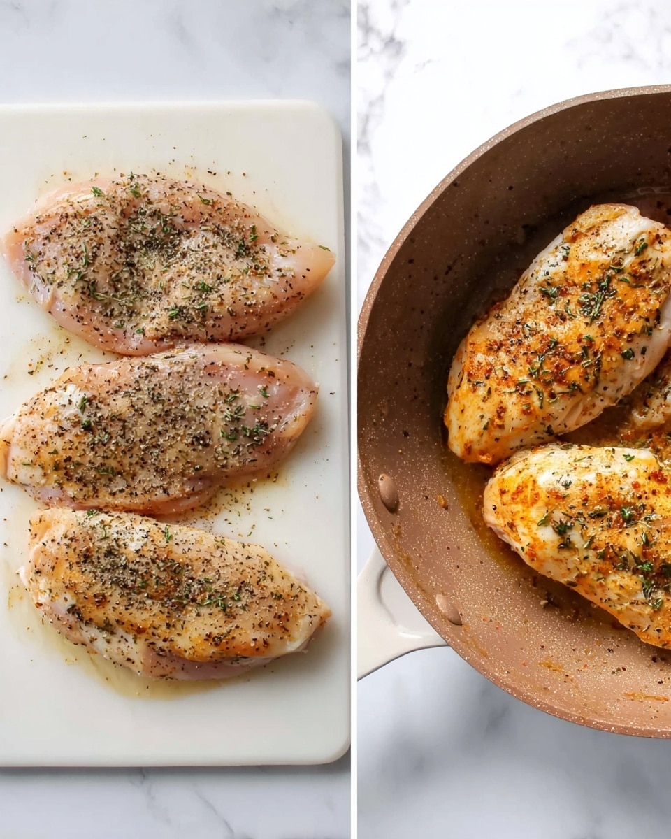 The first image shows three raw chicken pieces placed side by side on a white cutting board over a white marbled background. Each piece is sprinkled with black pepper, dried herbs, and a light dusting of seasoning, giving a contrast of light pink and speckled dark colors. The second image shows three cooked chicken pieces in a pan with a brown non-stick surface, placed on a white marbled background. The chicken pieces are golden brown on top with visible herbs and seasoning, and a slight shine from cooking oil, arranged close together but not touching. photo taken with an iphone --ar 4:5 --v 7
