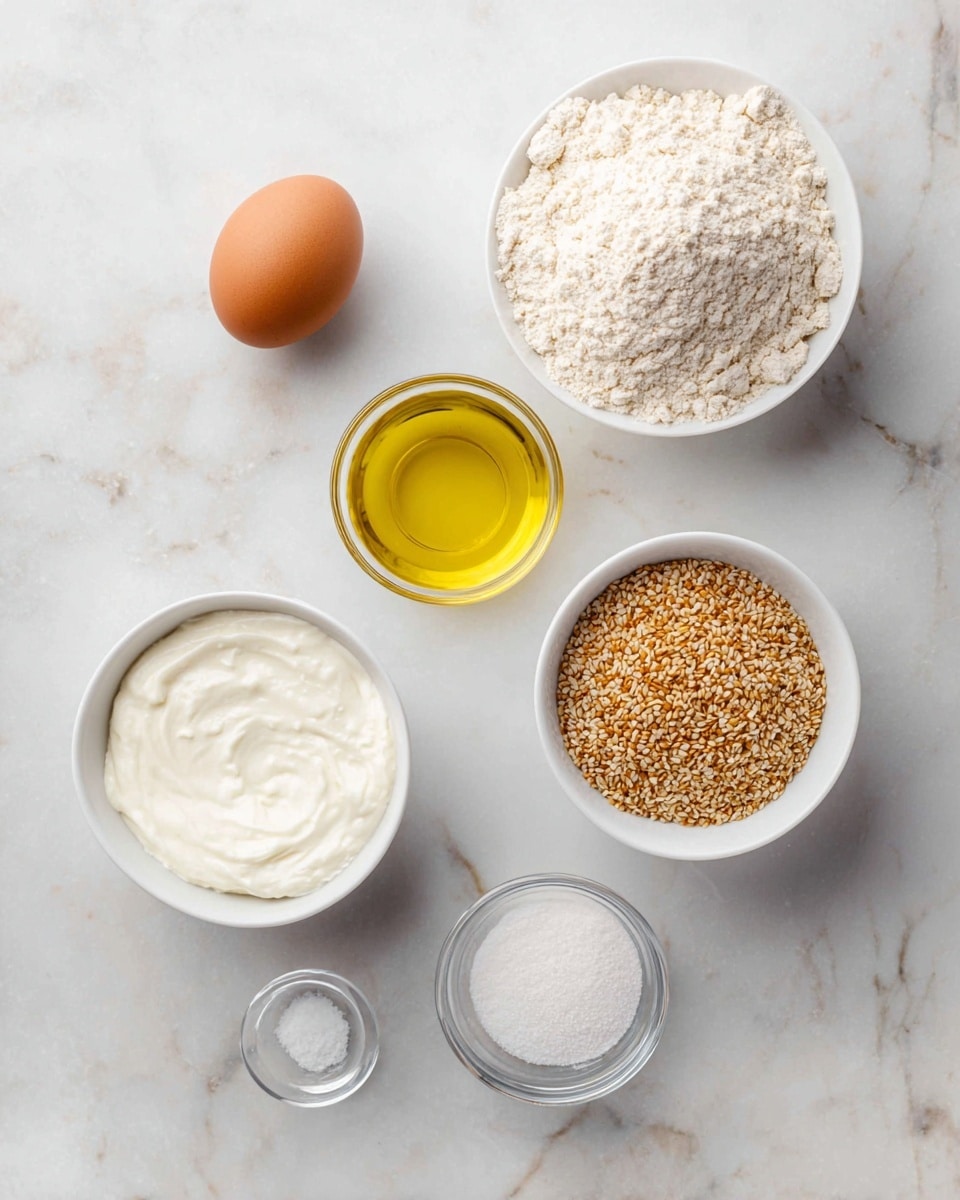 A white bowl filled with a pile of light beige flour sits near the top right, next to a slightly smaller white bowl full of toasted sesame seeds with colors ranging from golden to light brown at the right center. Below them is a clear glass bowl filled with a golden yellow liquid, likely oil, positioned in the middle. To the left of the oil, a white bowl holds a single brown egg, and next to it on the left is a bigger white bowl with smooth, creamy white yogurt. Two small clear glass bowls sit in the lower right corner, one with fine white salt and the other with white powder, possibly baking powder. All items rest on a white marble surface with subtle grey veins. photo taken with an iphone --ar 4:5 --v 7
