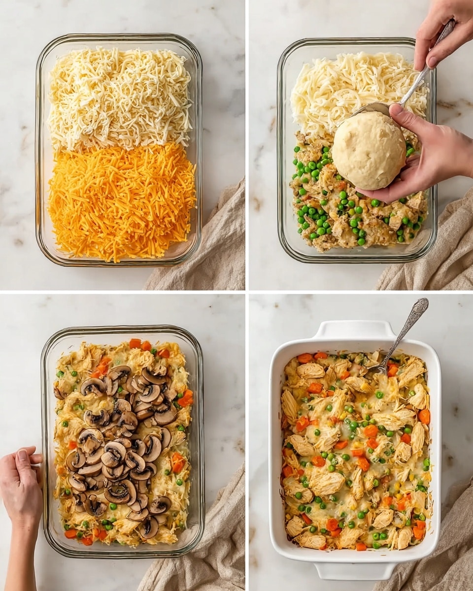 A clear glass bowl on a white marbled surface showing four different stages of a mixed chicken and vegetable dish preparation. The first stage has separate piles of shredded light yellow chicken, bright orange cheese, white shredded cheese, and a smaller pile of darker orange cheese, each section distinct. The second image shows the mixture combined with small green peas and chopped orange carrots with a large ball of dough or batter being scooped by a woman's hand holding a silver spoon. The third stage adds several slices of brown mushrooms on top of the mixed ingredients with the same woman's hand scooping the mixture. The final image shows the finished dish baked in a white rectangular ceramic dish with visible chunks of orange carrots, green peas, and pieces of chicken, all set nicely together, resting on the white marbled surface with a beige cloth nearby. photo taken with an iphone --ar 4:5 --v 7