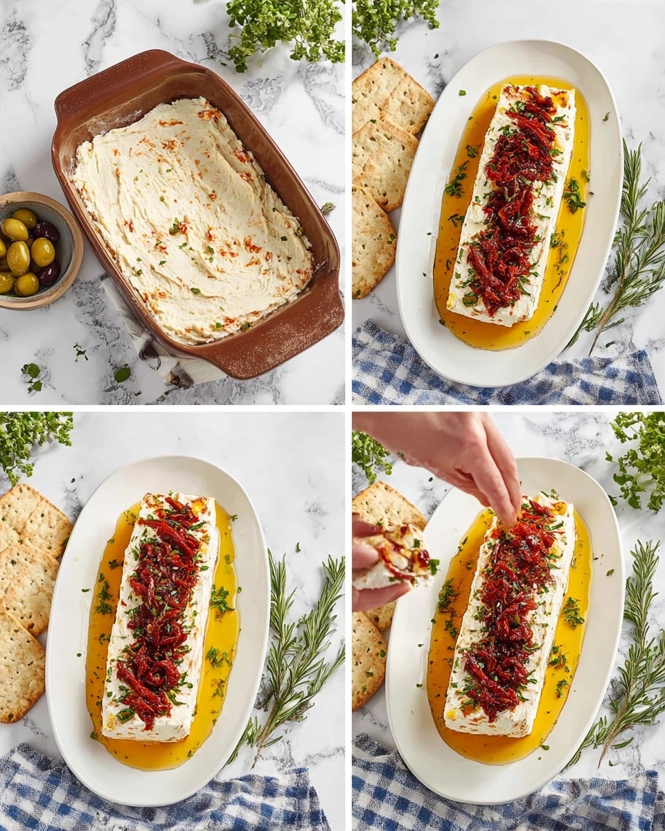 The dish is a rectangular shaped creamy cheese block mixed with small red and green bits, presented on a white oval plate. It shows four stages: first, the mixture is spread in a brown baking pan with a rough texture; second, the firmed cheese mixture is moved onto the white oval plate. Third, a woman's hand is pouring orange oil with sun-dried dark red tomato strips on top of the cheese block. Lastly, the cheese block is fully topped with the sun-dried tomato strips and garnished with green rosemary sprigs, with the oil pooling around the base. The setting has a white marbled textured surface with crackers, a small bowl of green olives, a blue and white checkered cloth, and fresh green herbs placed around the plate. Photo taken with an iphone --ar 4:5 --v 7