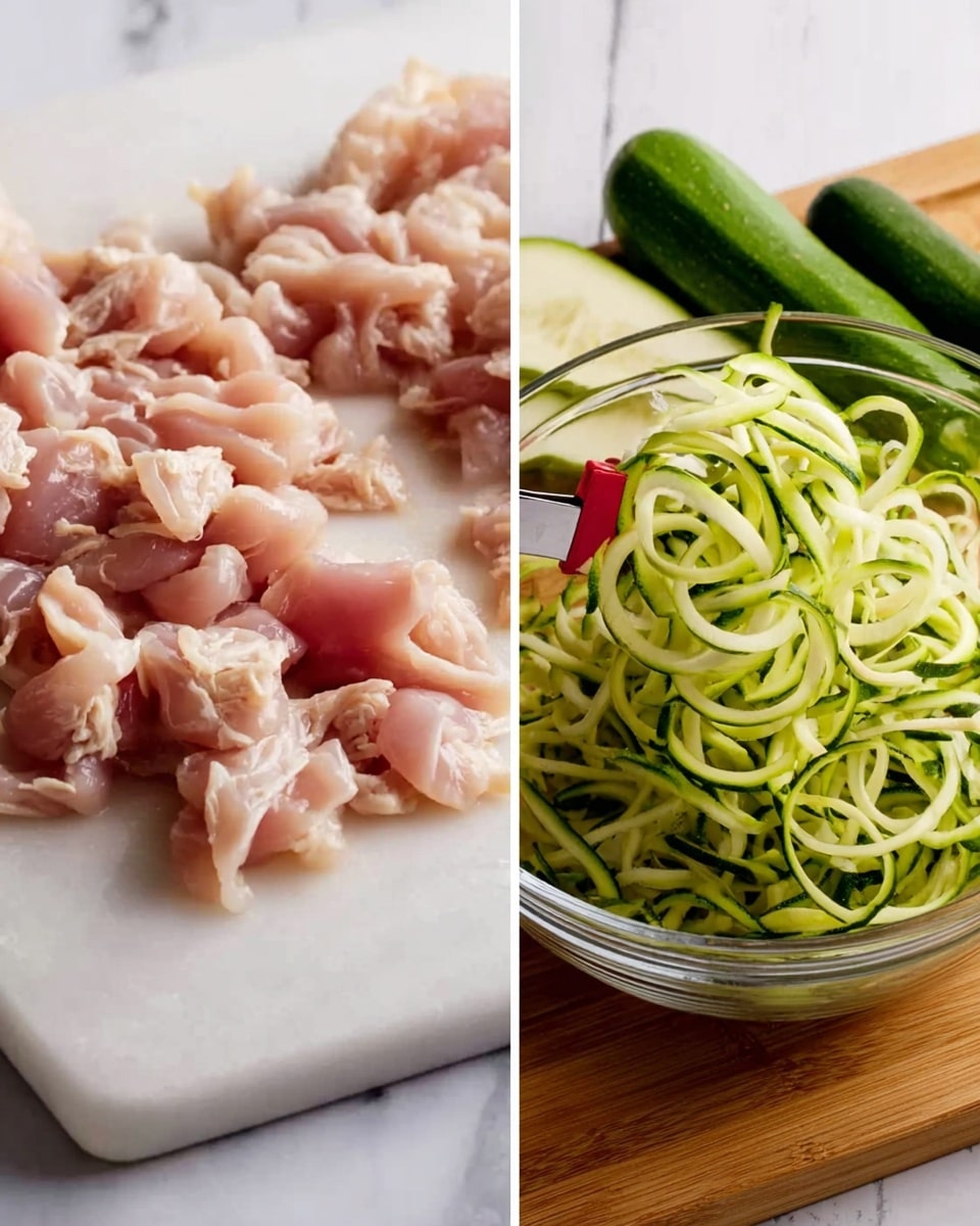 The image shows two sections: on the left, there are pieces of raw chicken meat, pale pink in color, spread out on a white marbled surface; on the right, spiralized zucchini noodles, light green with a fresh, slightly glossy texture, are being pushed into a clear glass bowl positioned on a wooden cutting board, with whole zucchinis nearby; the background is simple and uncluttered. Photo taken with an iphone --ar 4:5 --v 7